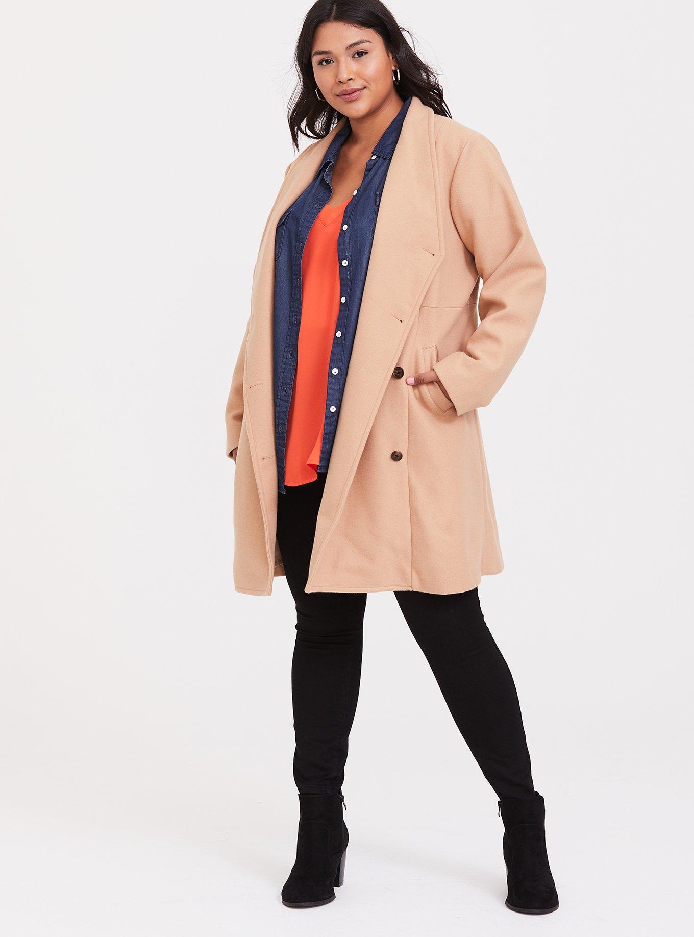 Plus Size Beige Brushed Asymmetrical A-Line Coat, , hi-res