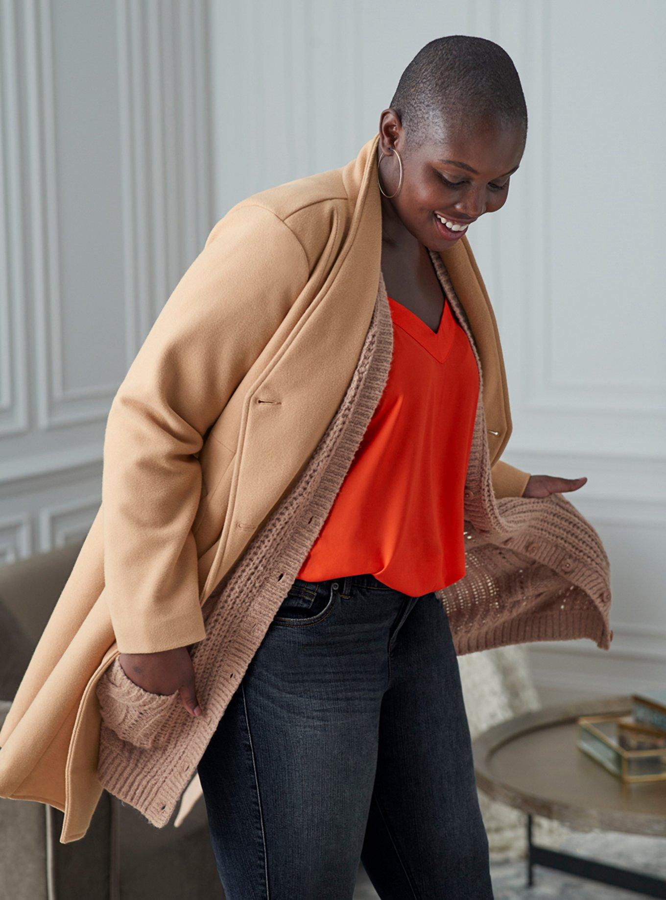 Plus Size Beige Brushed Asymmetrical A-Line Coat, , hi-res