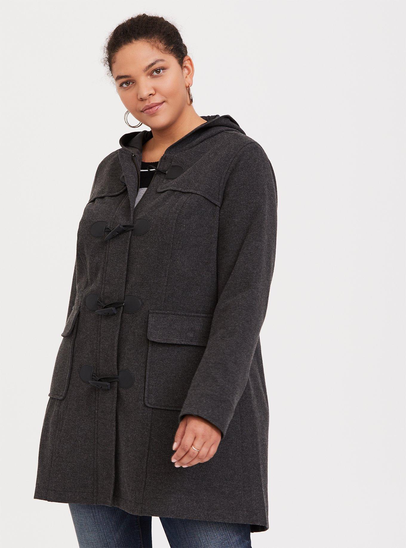 Plus Size - Dark Grey Brushed Hooded Toggle Coat - Torrid