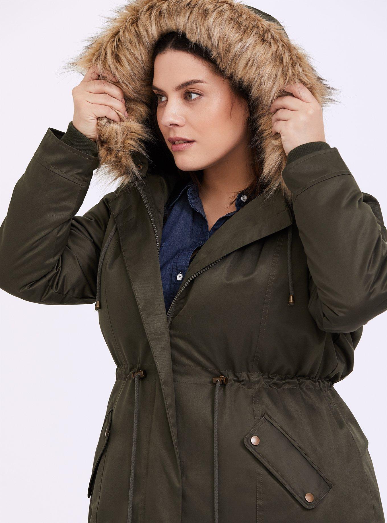 Fur Trim Plus Size Parka Coat With Fur Hood Plus Size Twill Fur