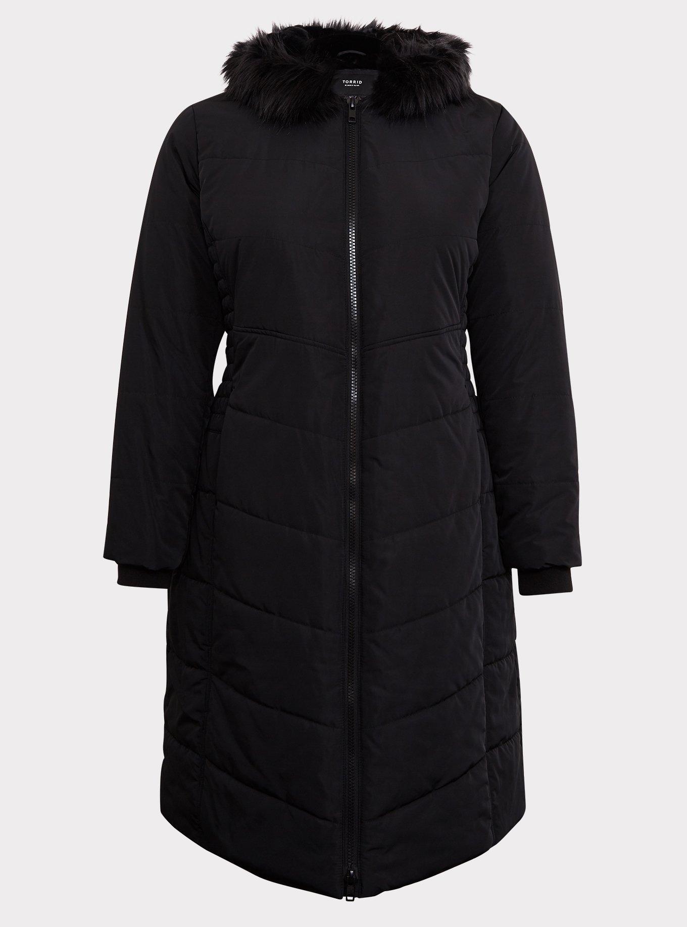 Plus Size - Black Faux Fur Trimmed Hooded Longline Puffer Coat