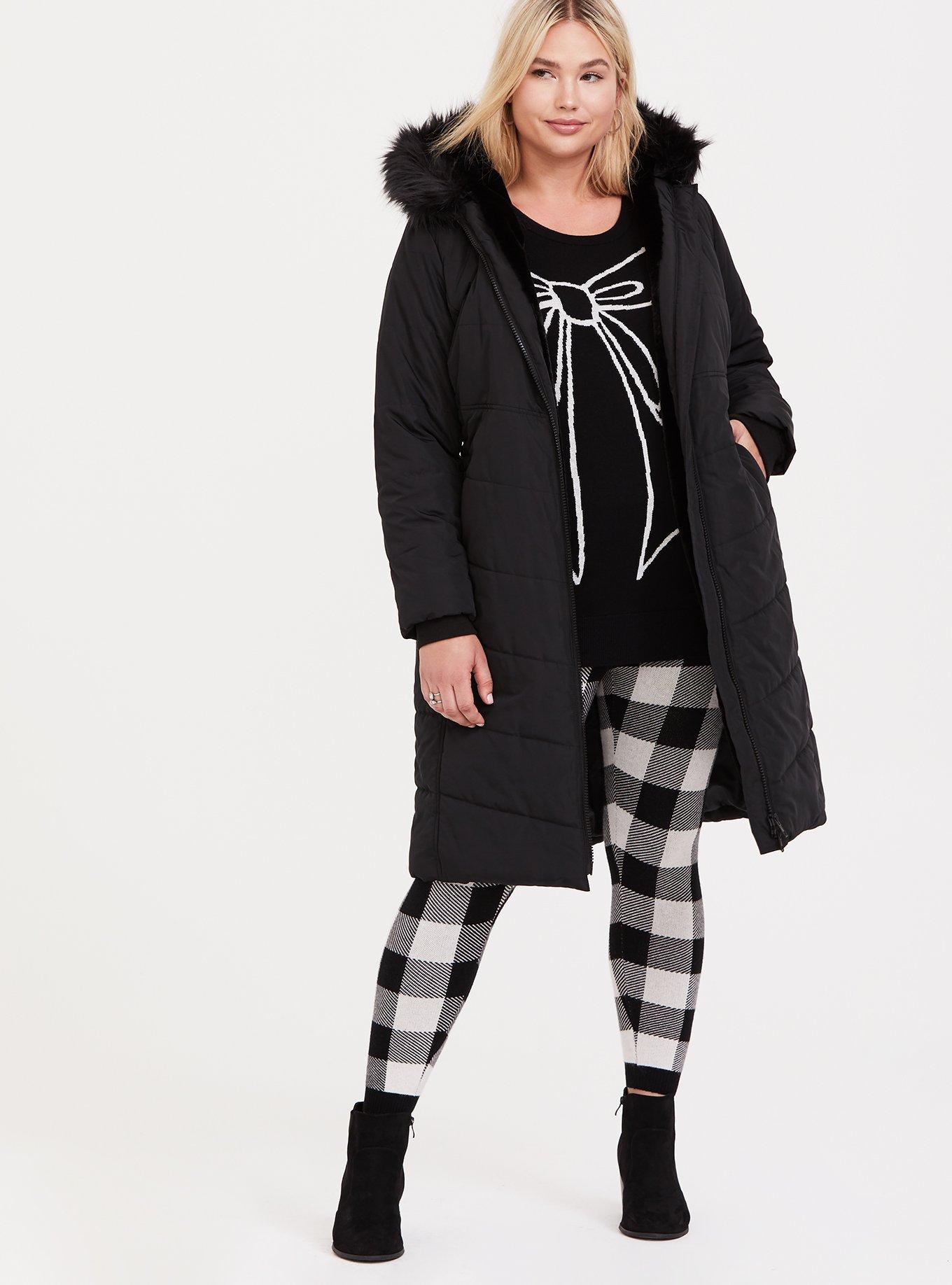 Harper luxe quilted longline hooded puffer coat cheap with faux fur trim & belt in black