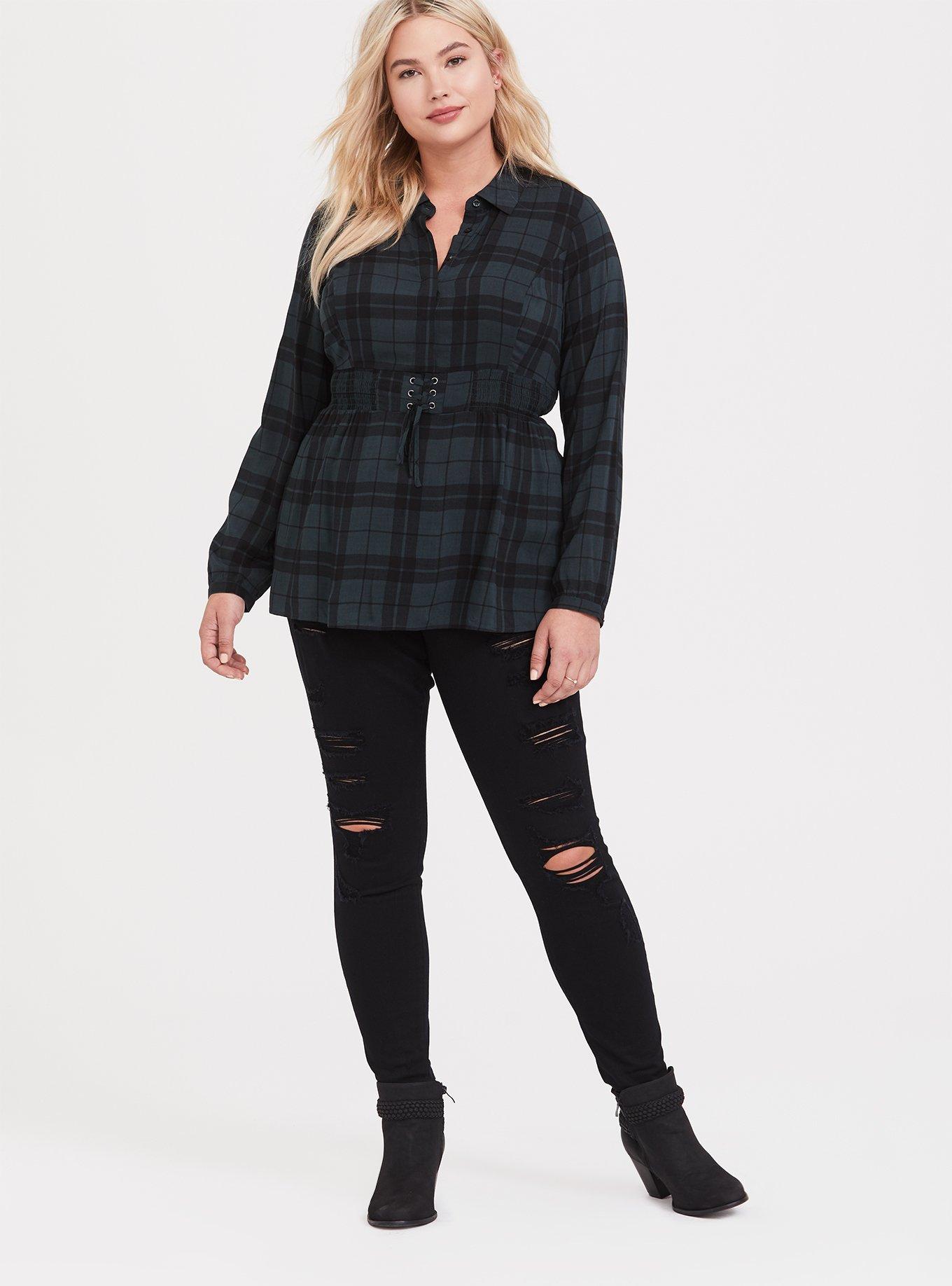 Green Plaid Challis Corset Peplum Top, PLAID GREEN, alternate