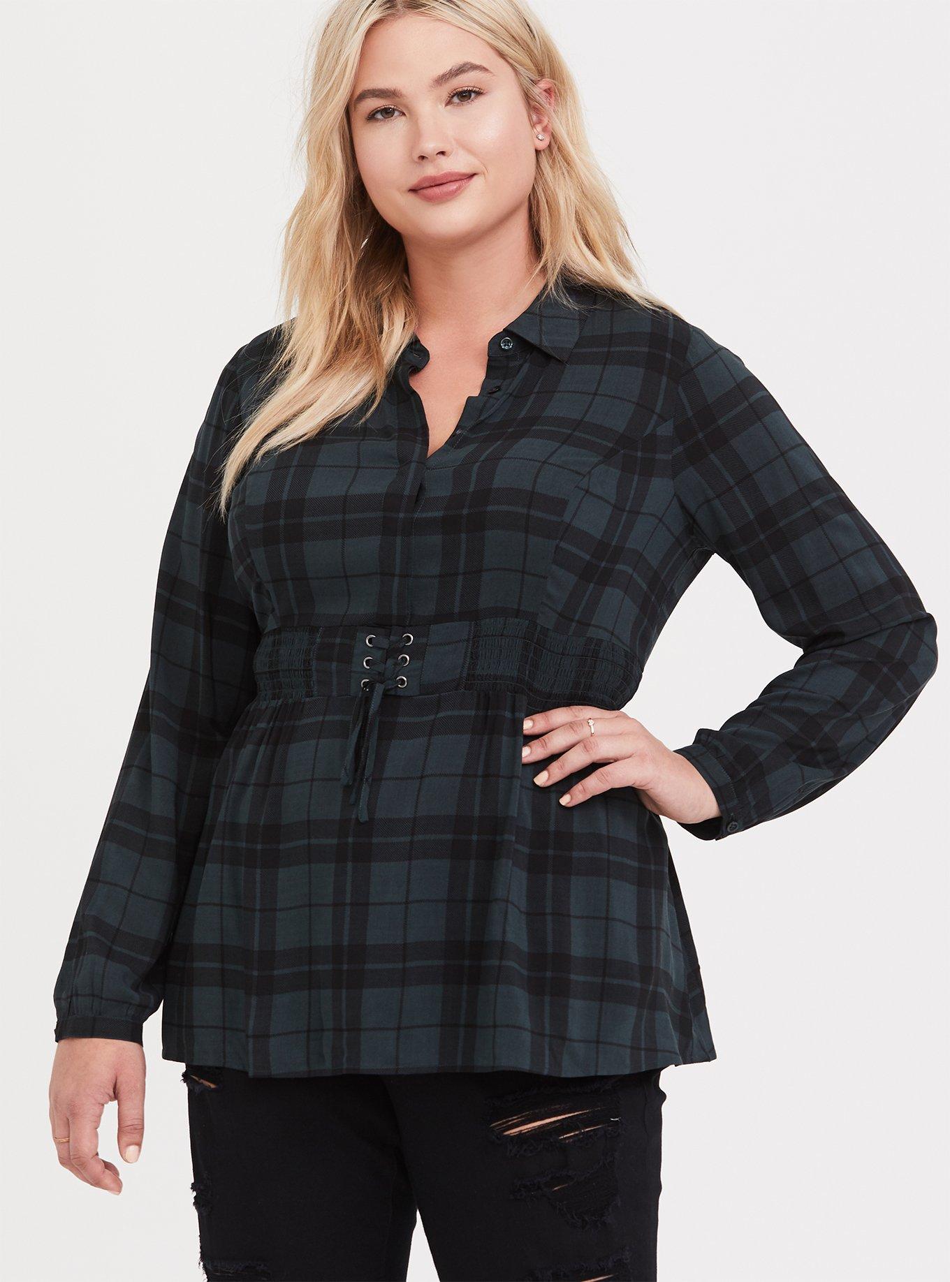 Green Plaid Challis Corset Peplum Top, PLAID GREEN, alternate