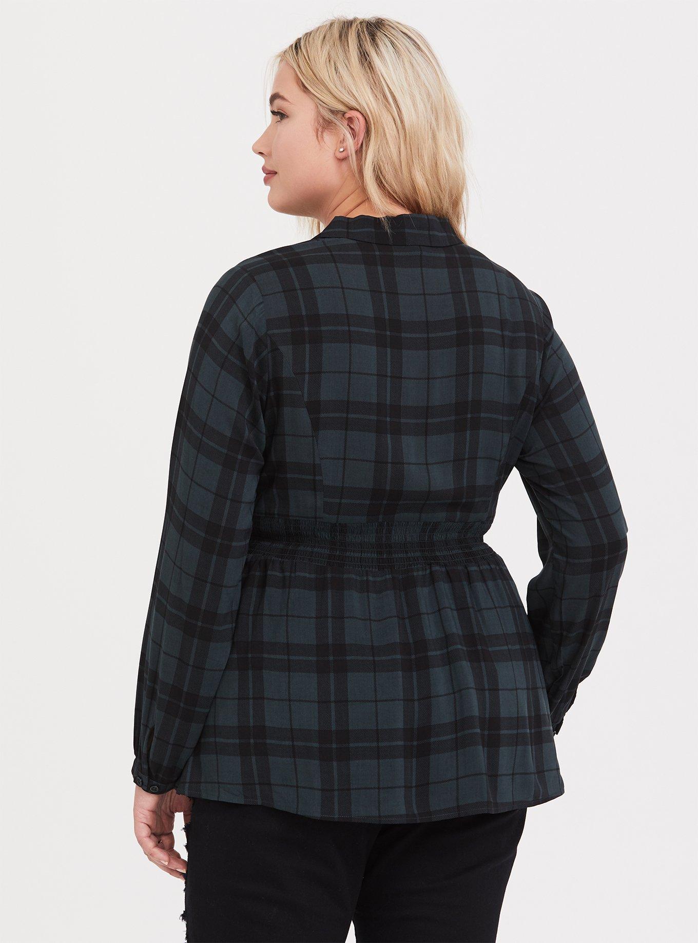Green Plaid Challis Corset Peplum Top, PLAID GREEN, alternate