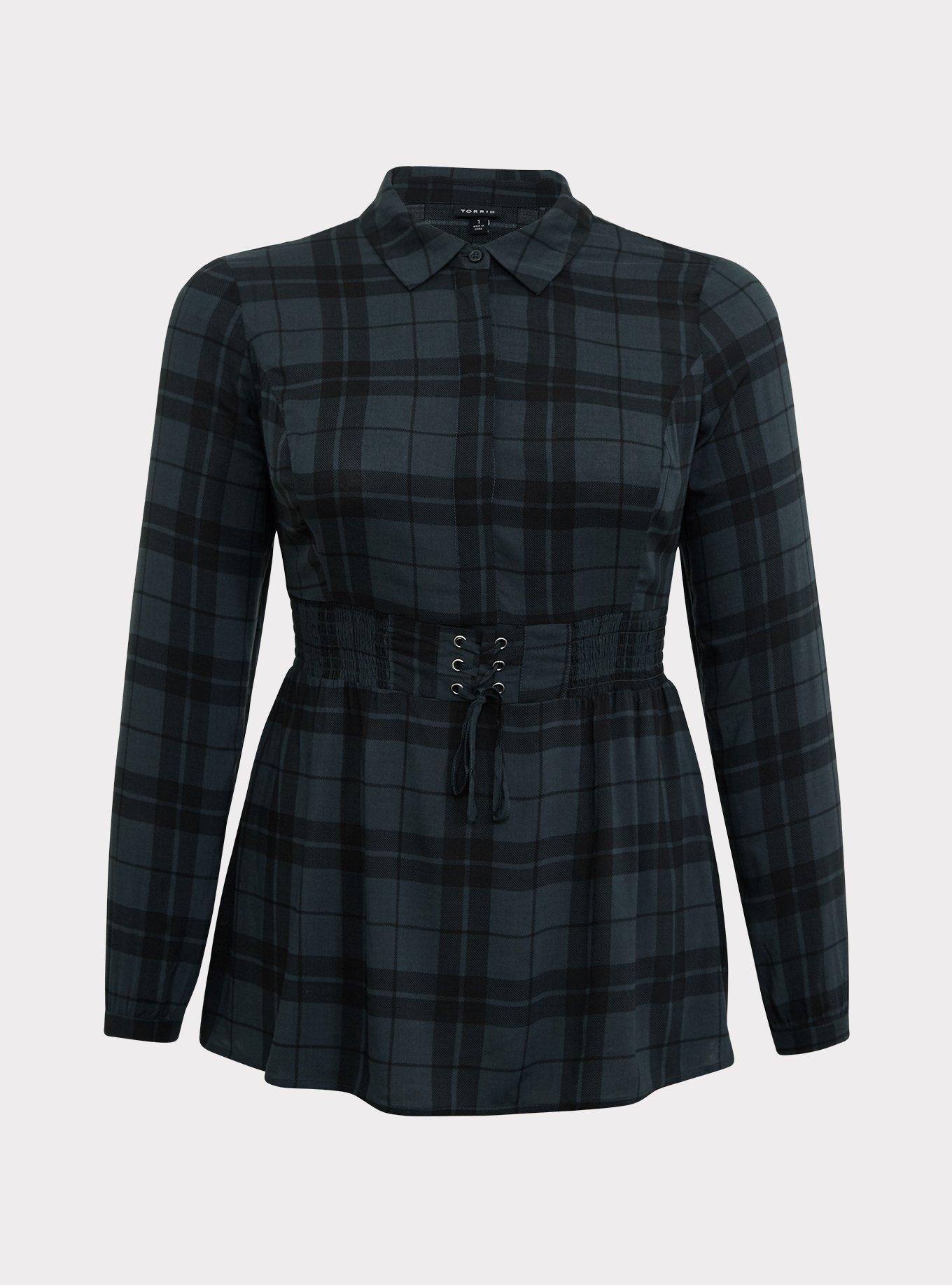 Green Plaid Challis Corset Peplum Top, PLAID GREEN, hi-res