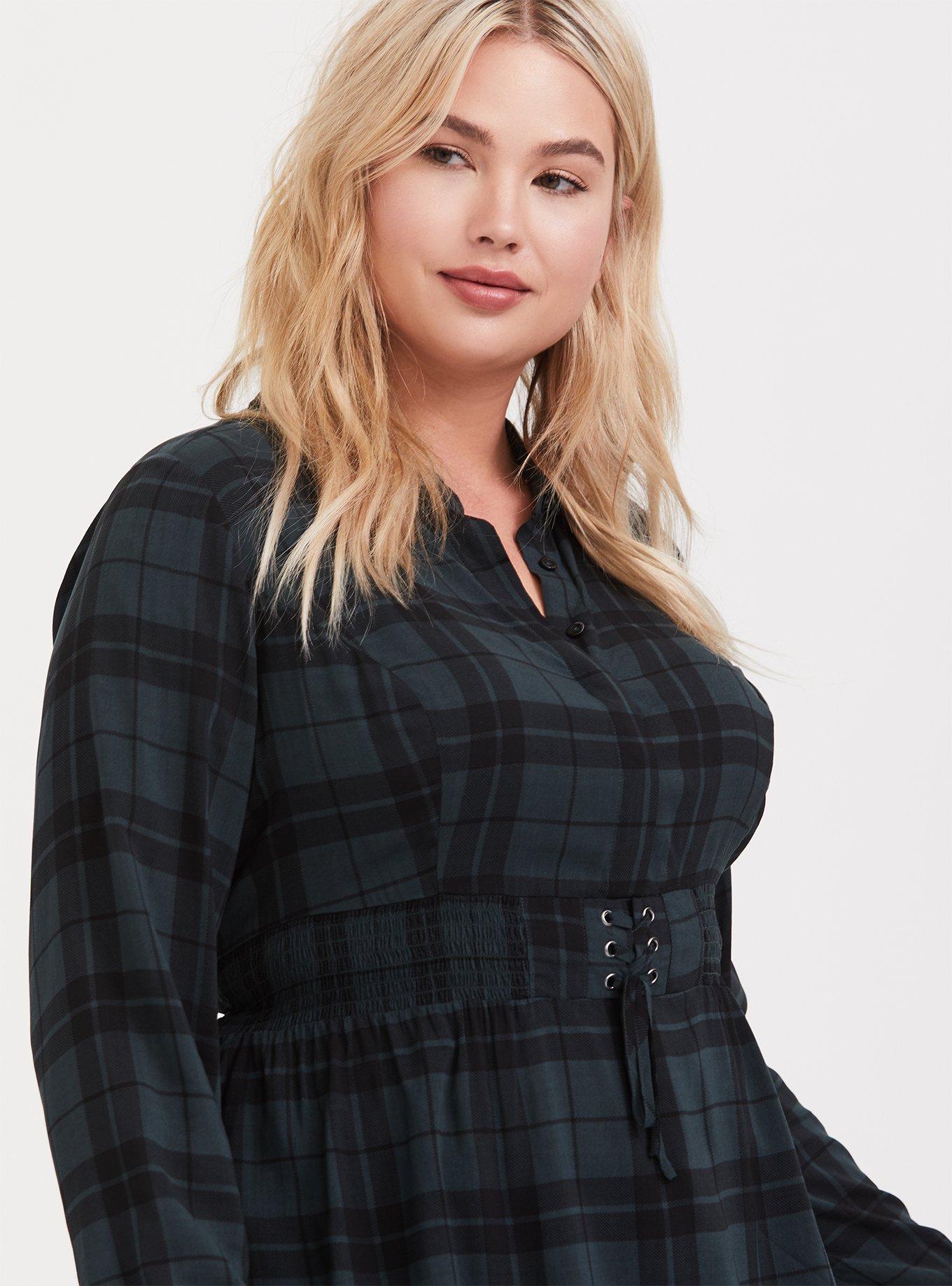 Green Plaid Challis Corset Peplum Top, PLAID GREEN, hi-res