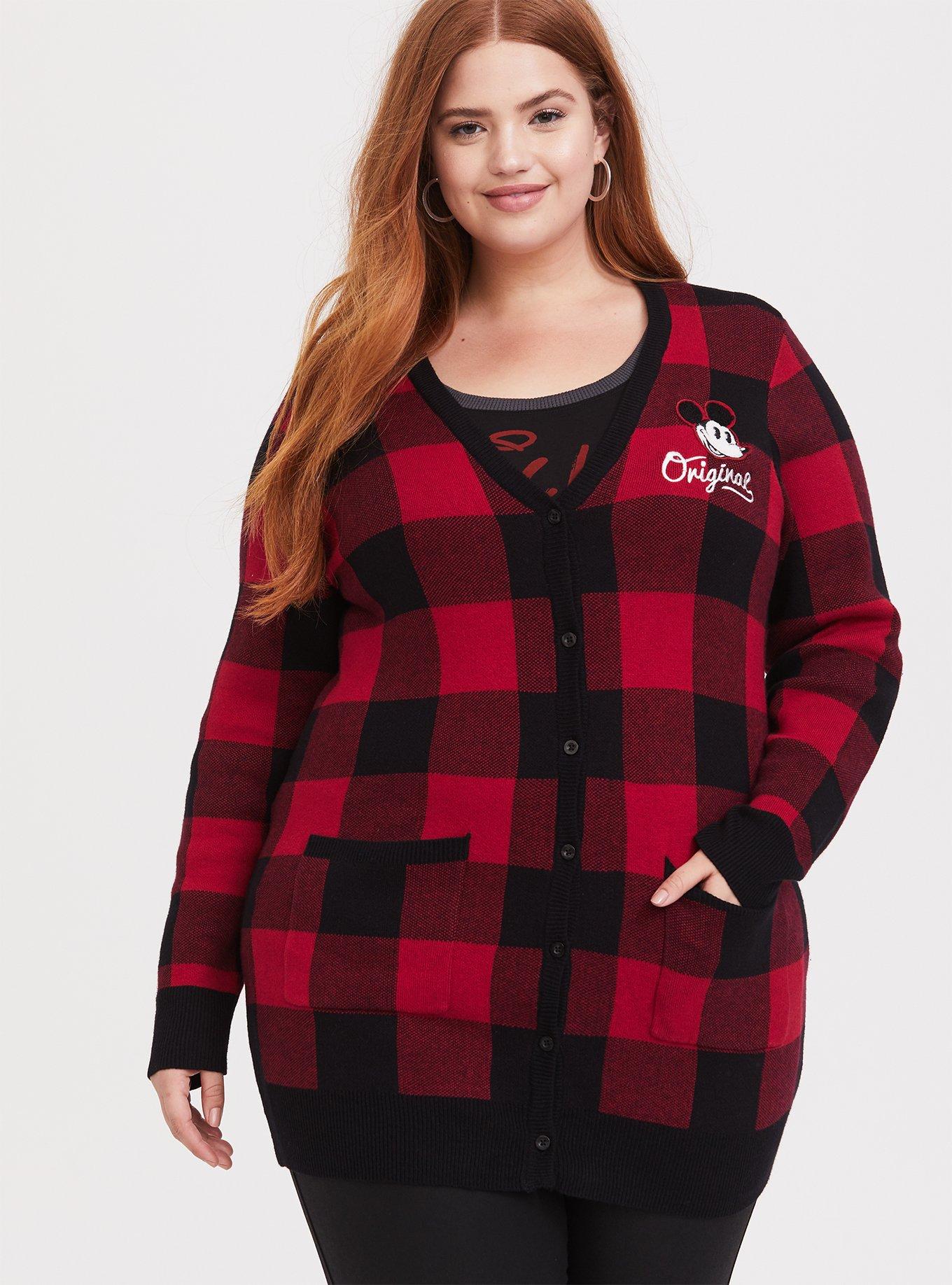 Plus Size Disney Mickey Mouse Original Red Plaid Cardigan, BLACK RED, alternate