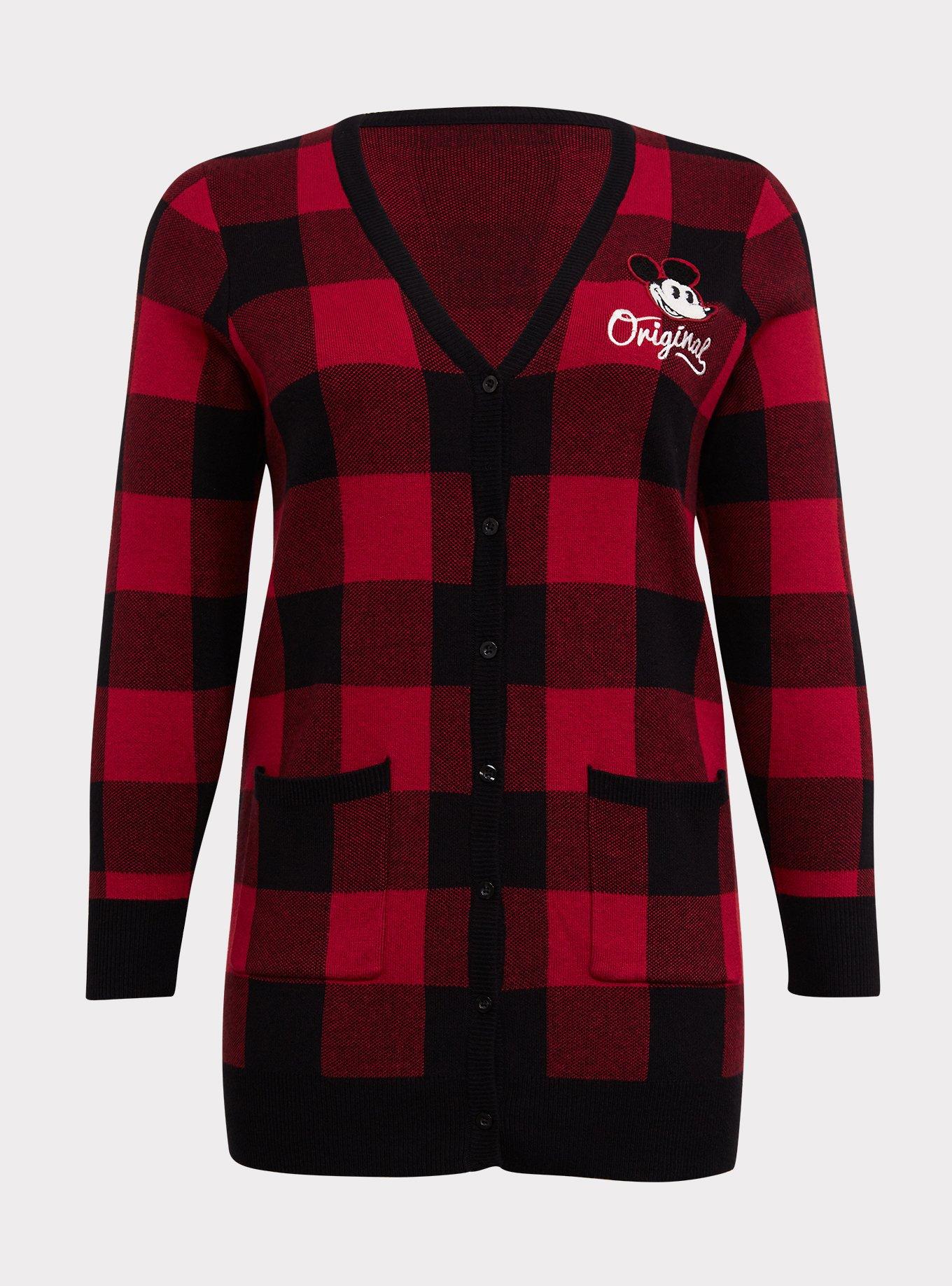 Plus Size Disney Mickey Mouse Original Red Plaid Cardigan, BLACK RED, hi-res