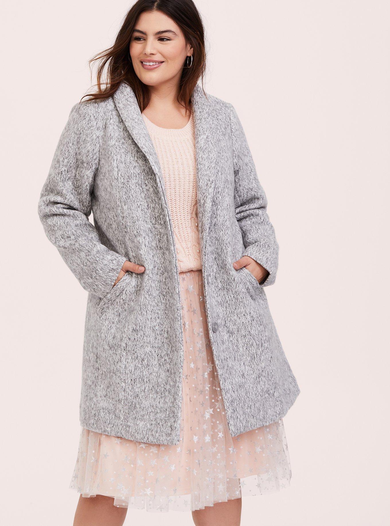 Plus Size - Marled Light Grey Hacci Funnel Neck Coat - Torrid