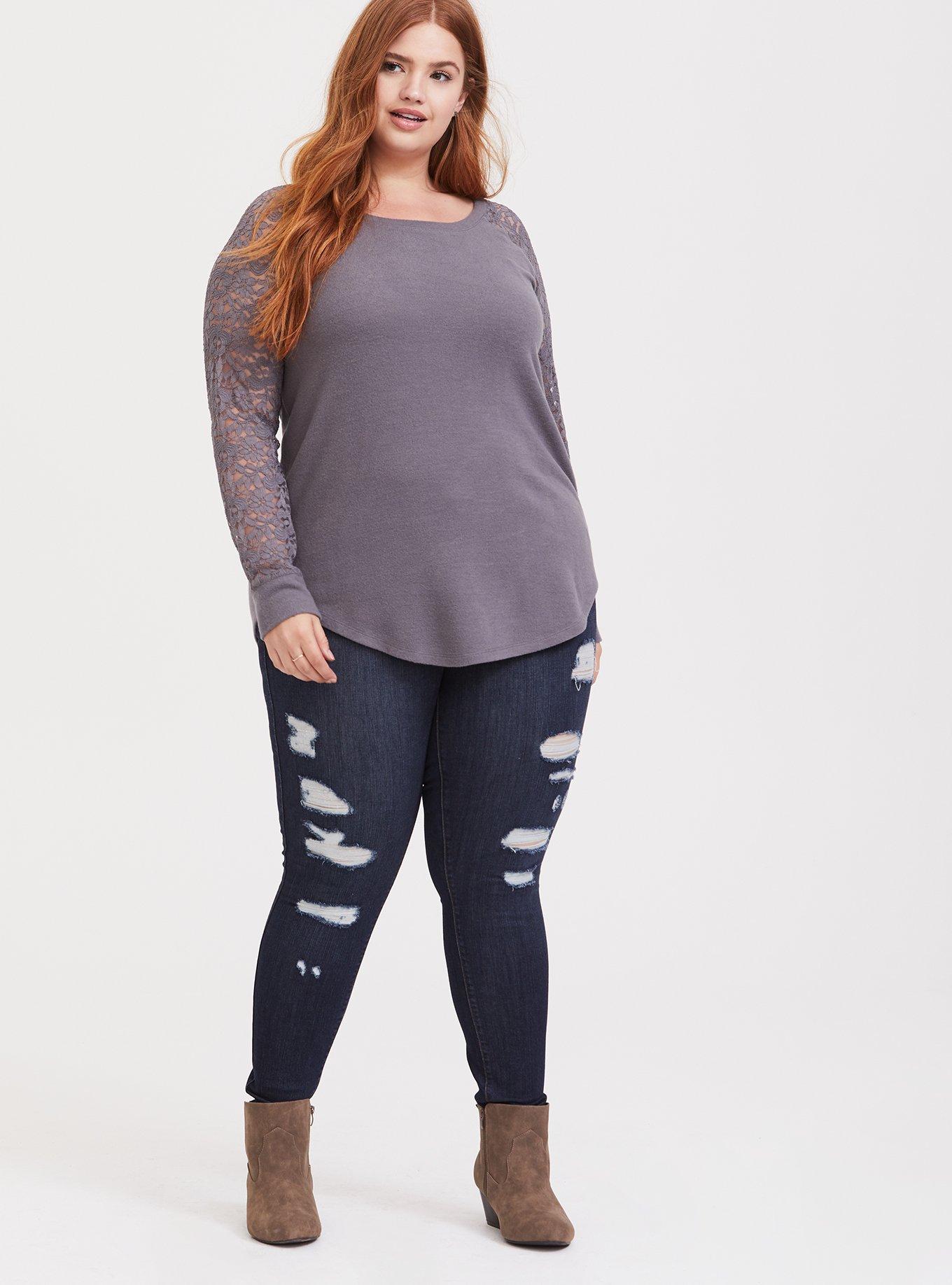 Plus Size Slate Grey Brushed Hacci & Lace Long Sleeve Tunic Tee, DARK PEARL GREY, alternate