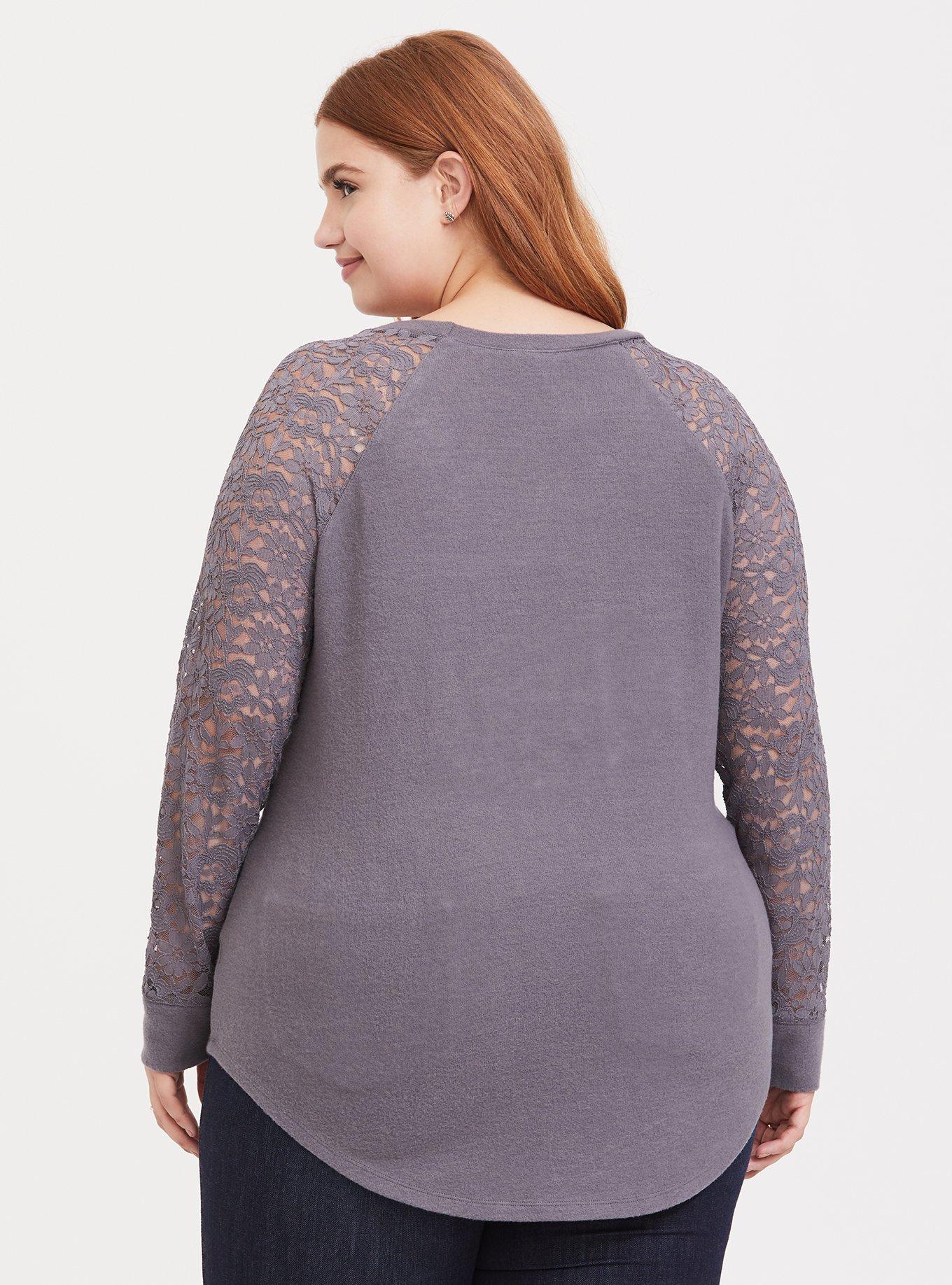 Plus Size Slate Grey Brushed Hacci & Lace Long Sleeve Tunic Tee, DARK PEARL GREY, alternate