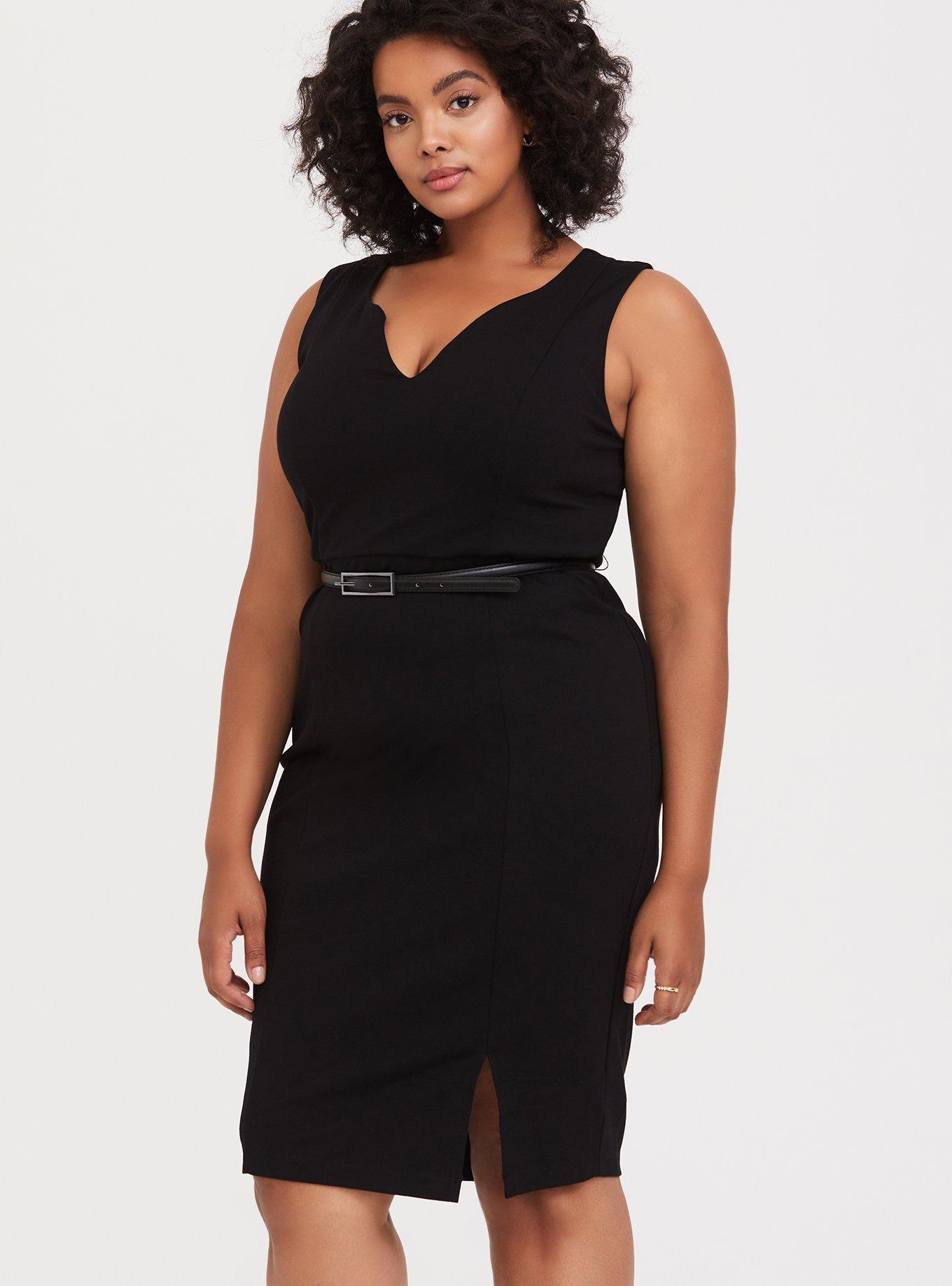 Plus Size Black Premium Ponte Sheath Dress with Belt, DEEP BLACK, alternate