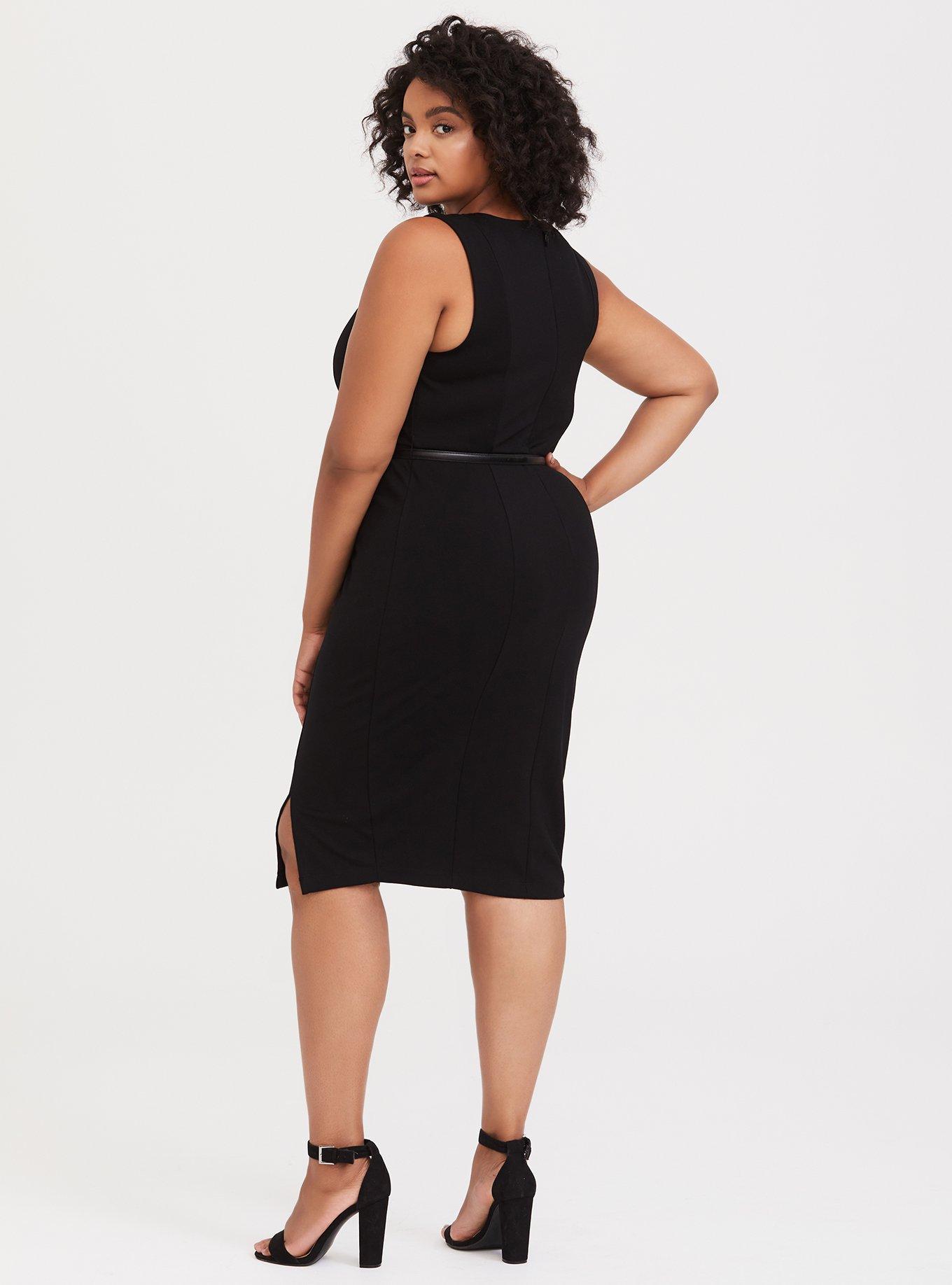 Plus Size Black Premium Ponte Sheath Dress with Belt, DEEP BLACK, alternate