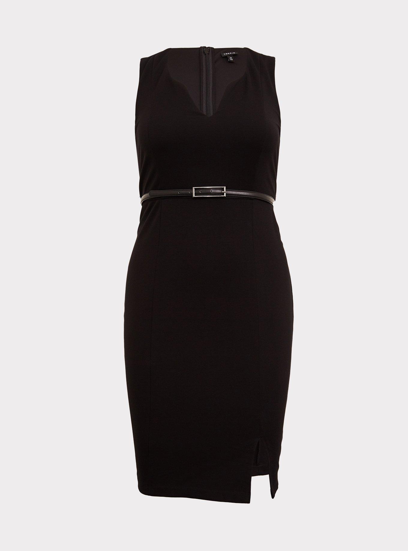 Plus Size Black Premium Ponte Sheath Dress with Belt, , hi-res