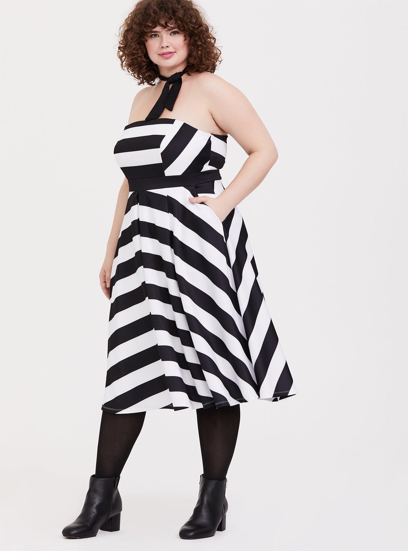 Plus Size - Barbie Black & White Stripe Strapless Fit & Flare Dress - Torrid