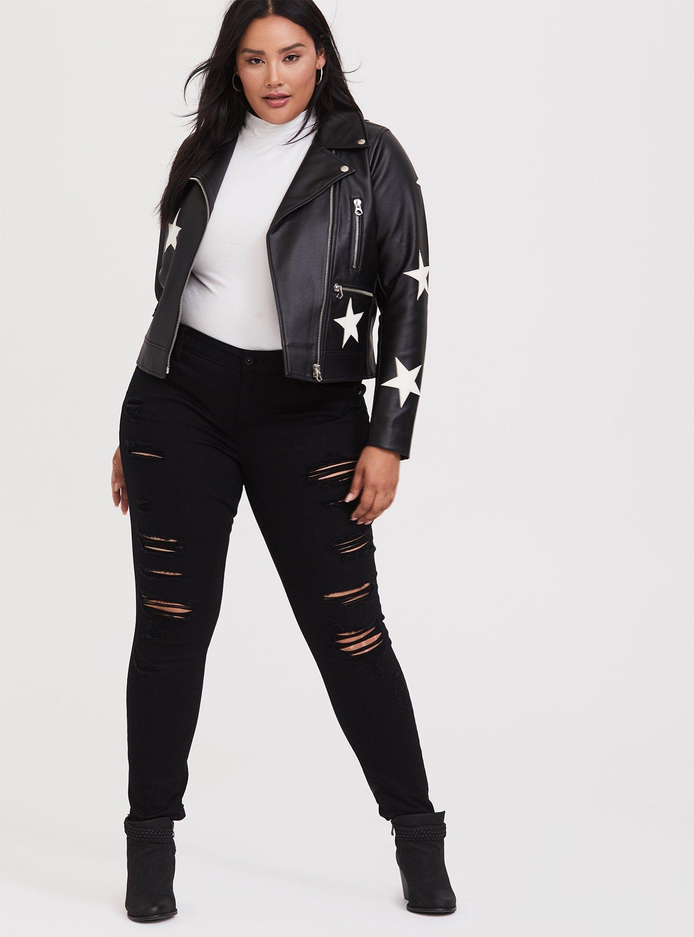 Plus Size - Black Faux Leather & White Star Moto Jacket - Torrid