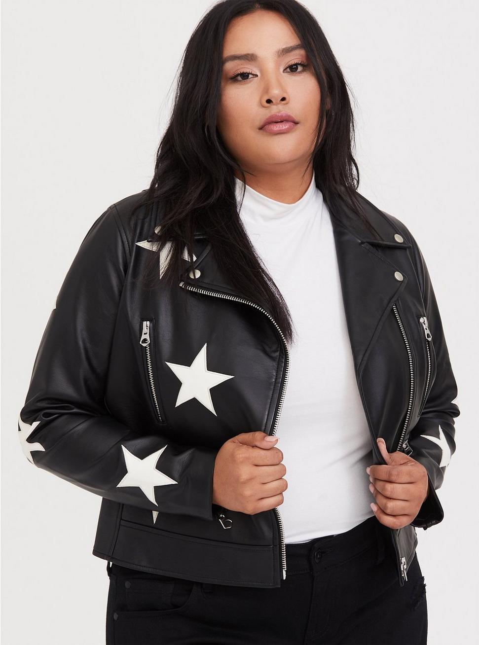 Plus Size - Black Faux Leather & White Star Moto Jacket - Torrid