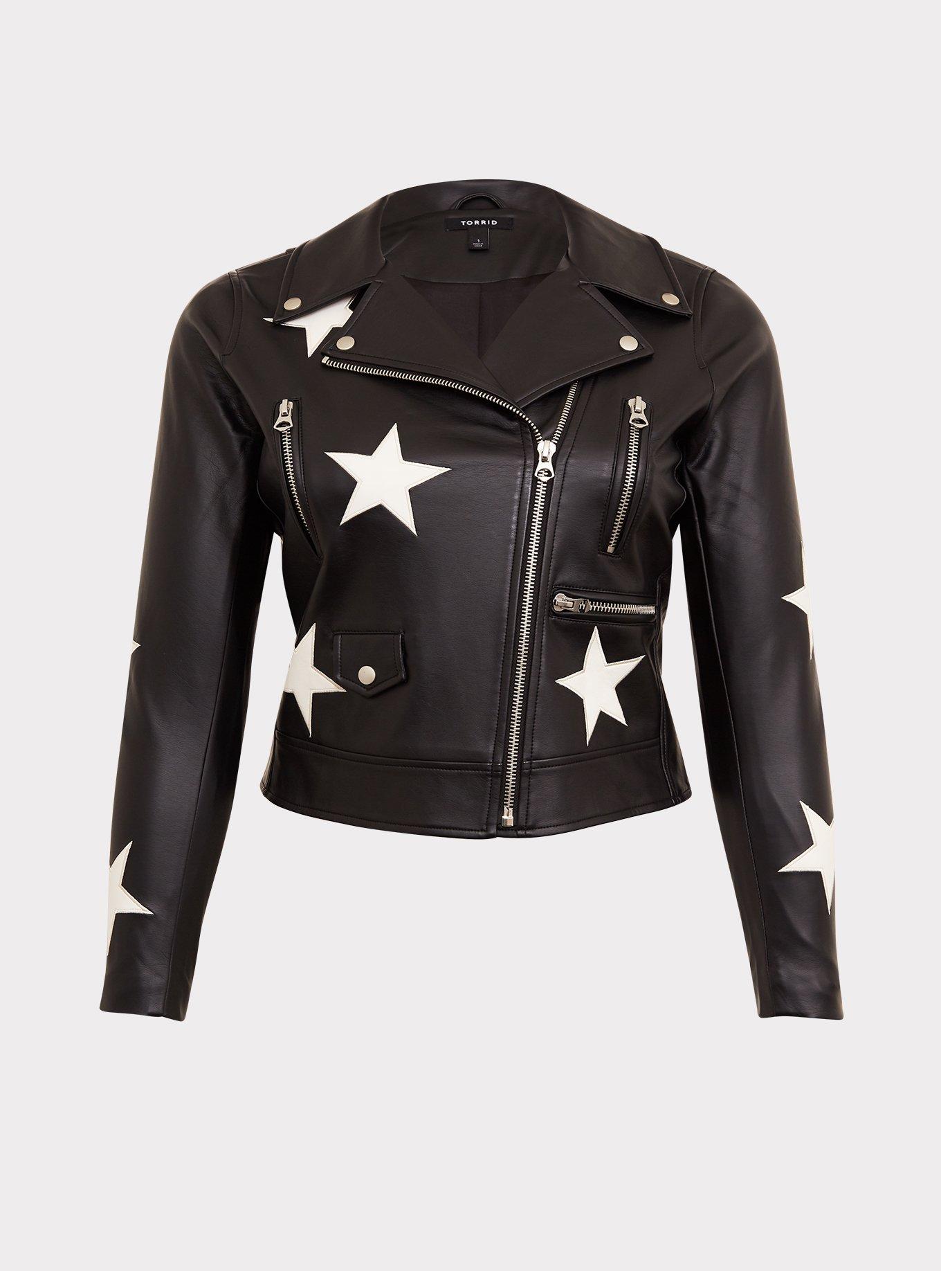 Black Faux Leather & White Star Moto Jacket, , hi-res