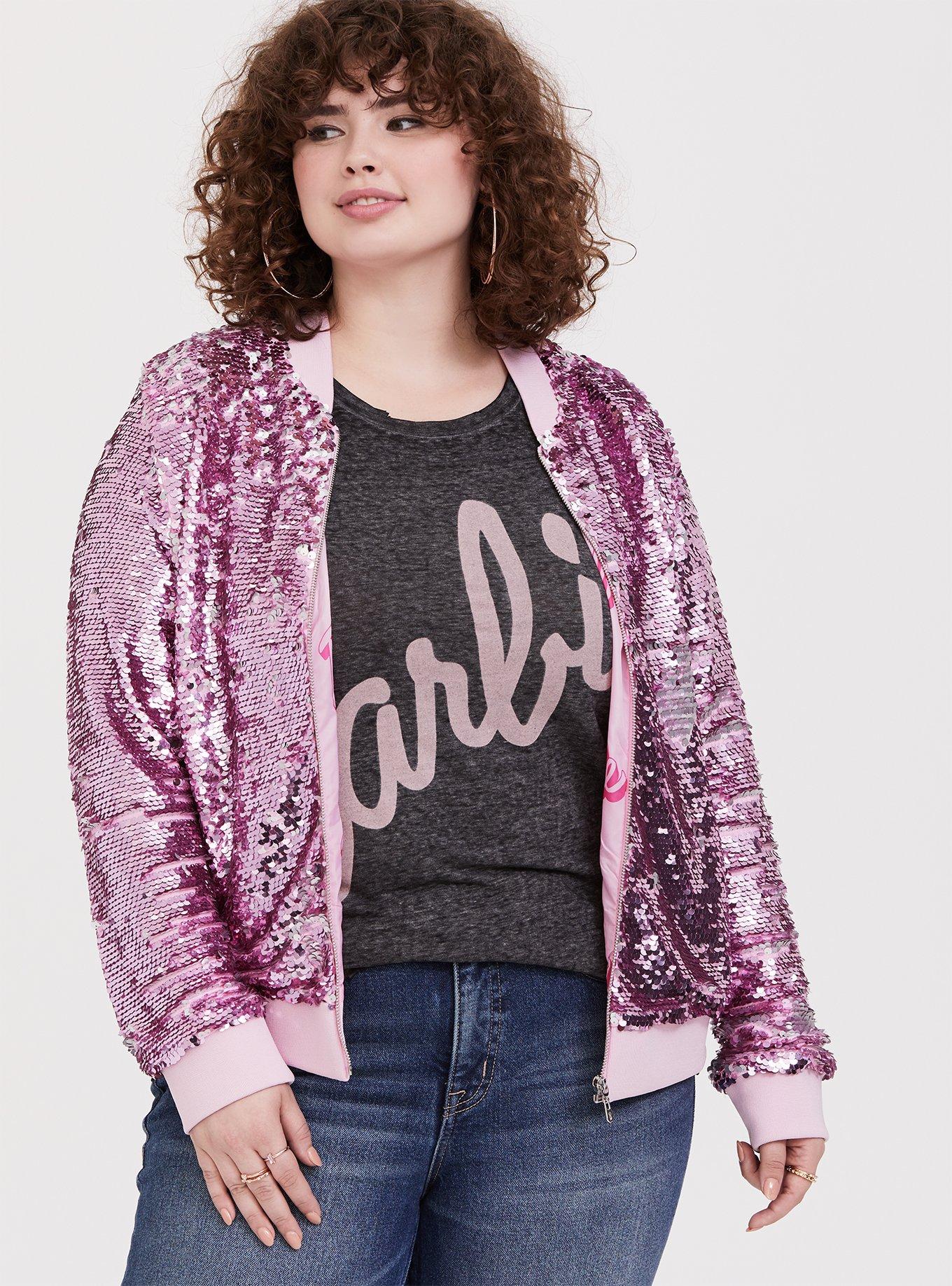 Plus Size - Barbie Pink Flip Sequin Bomber Jacket - Torrid