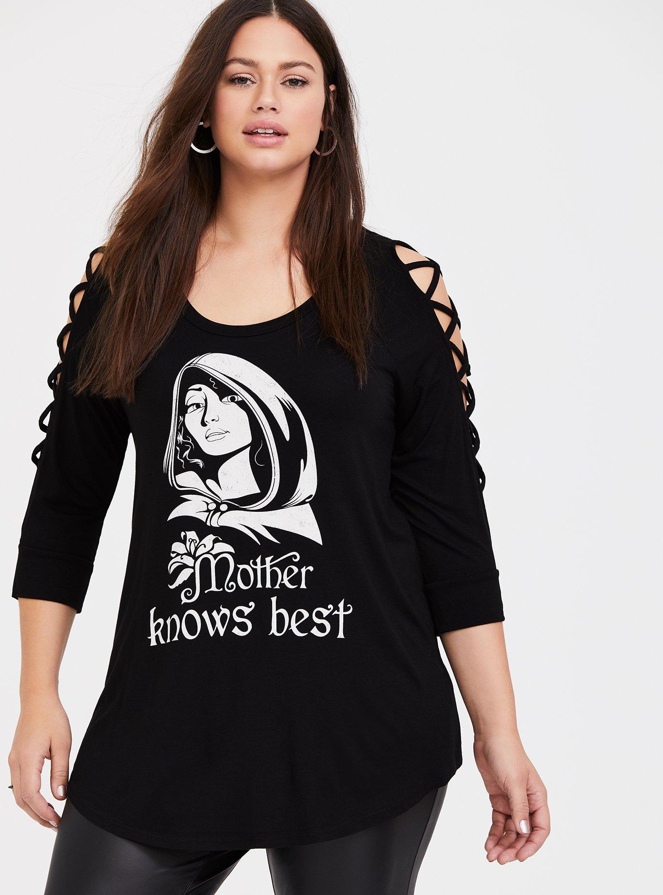 Plus Size - Disney Tangled Mother Knows Best Black Lattice Sleeve Top -  Torrid