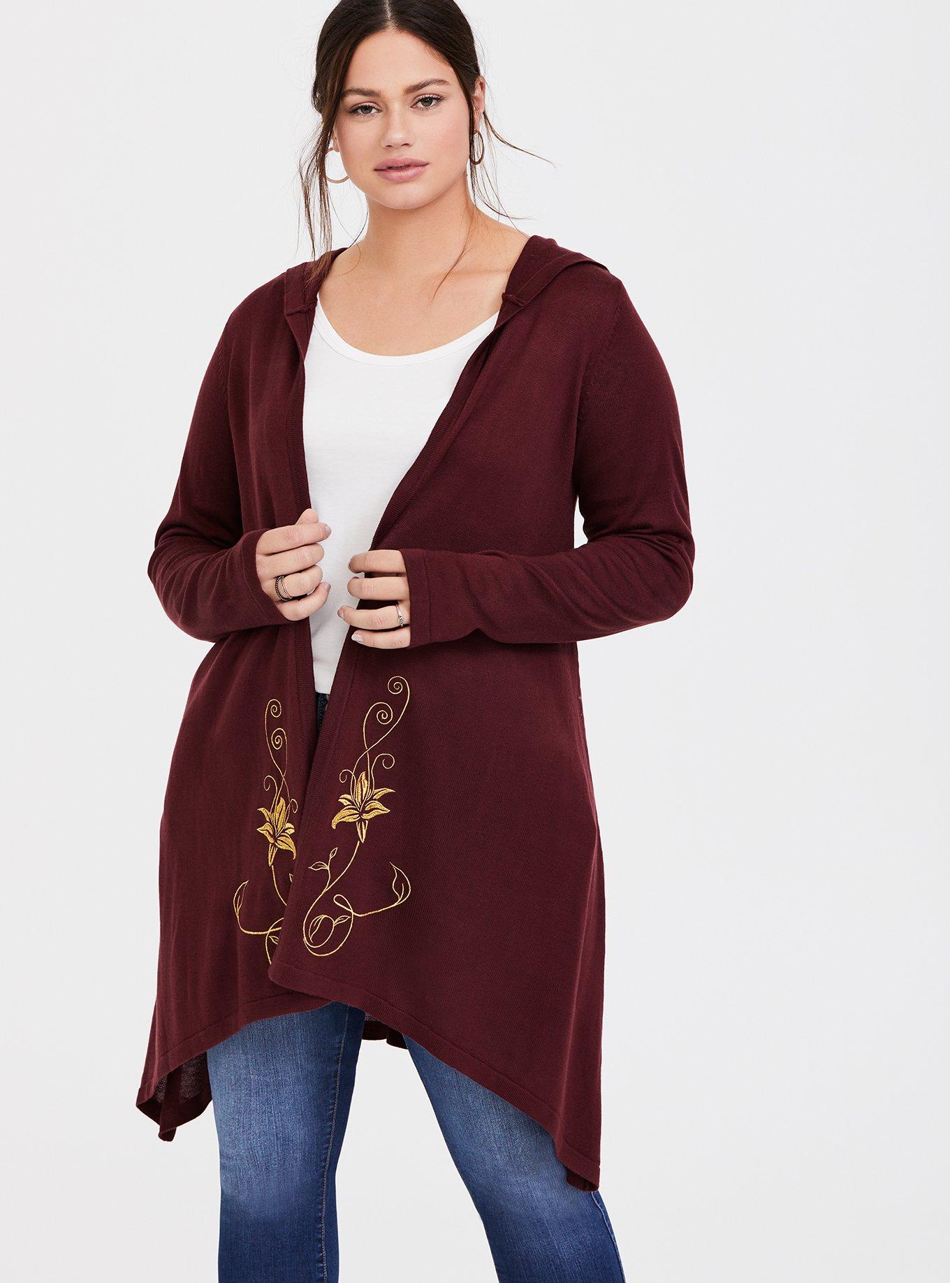 Plus Size Disney Tangled Mother Gothel Embroidered Hooded Draped Front Cardigan, WINDSOR WINE, alternate