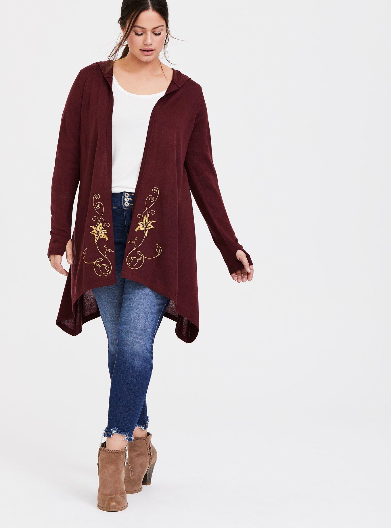 Plus Size Disney Tangled Mother Gothel Embroidered Hooded Draped Front Cardigan, WINDSOR WINE, hi-res