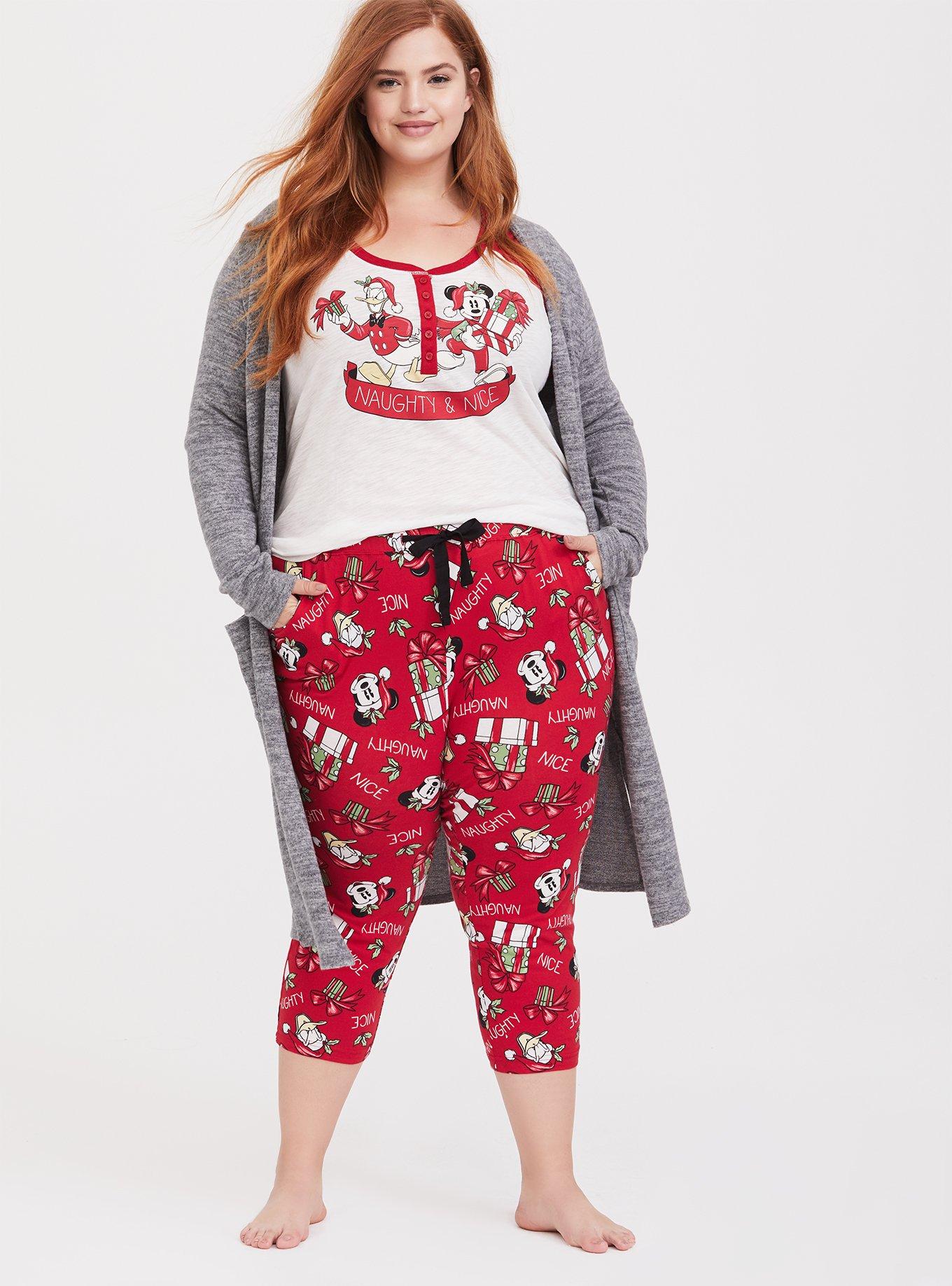 Plus Size Disney Holiday Mickey Mouse & Donald Duck Red Drawstring Crop Sleep Pant, MULTI, hi-res