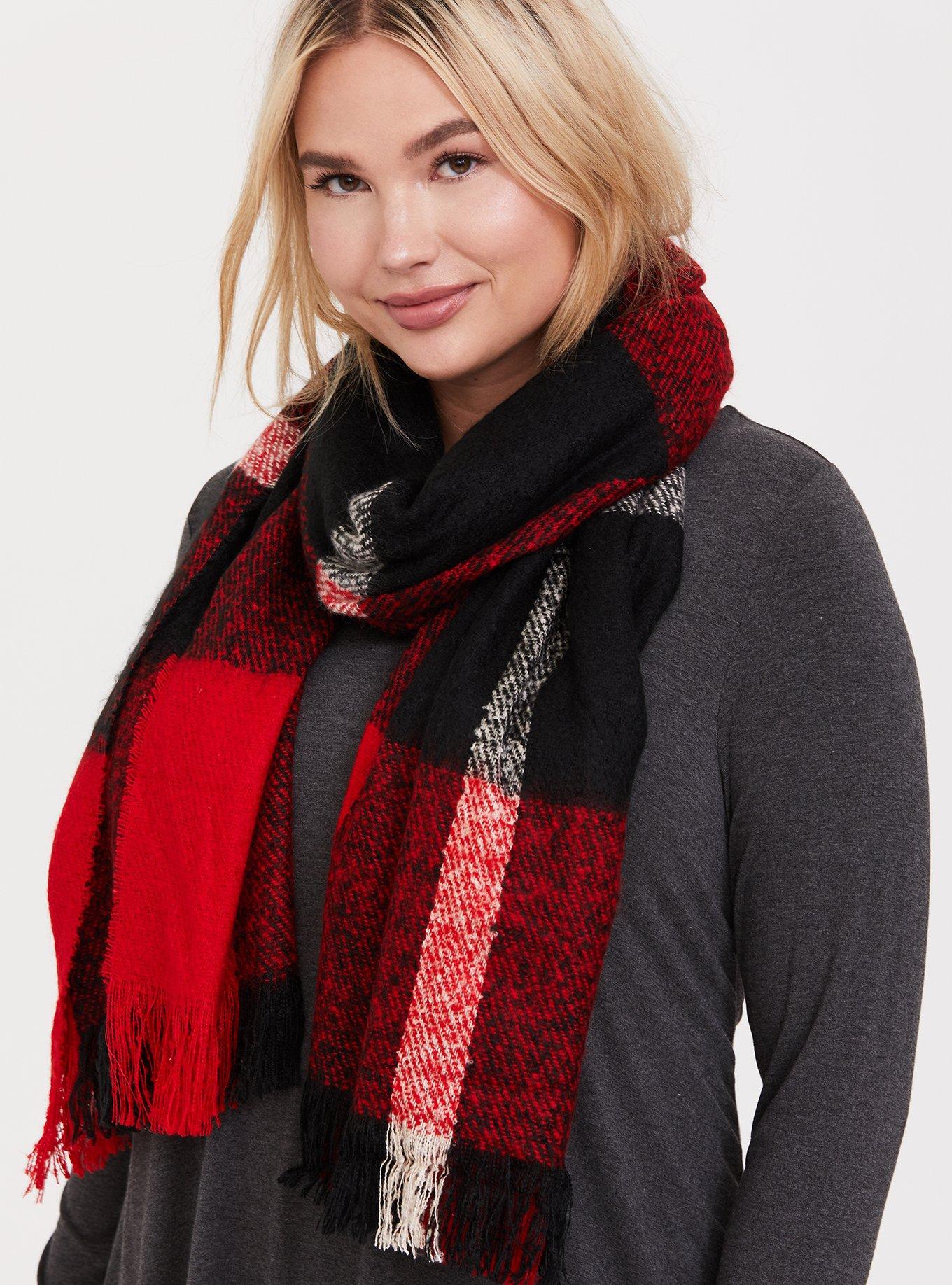 Plus Size - Red Plaid Oversized Fringe Scarf - Torrid