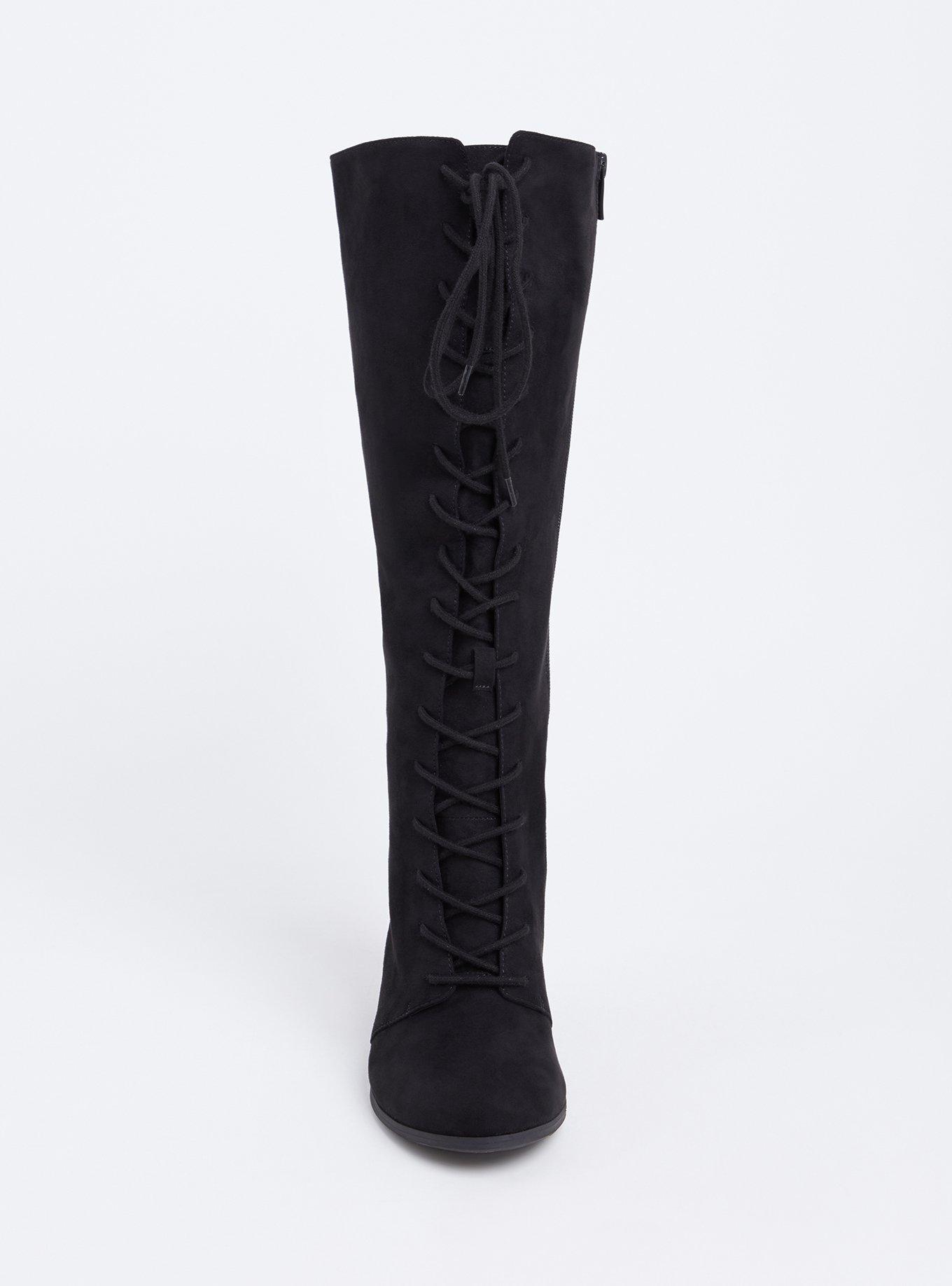 Black Faux Suede Lace-Up Tall Boot (WW), BLACK, alternate