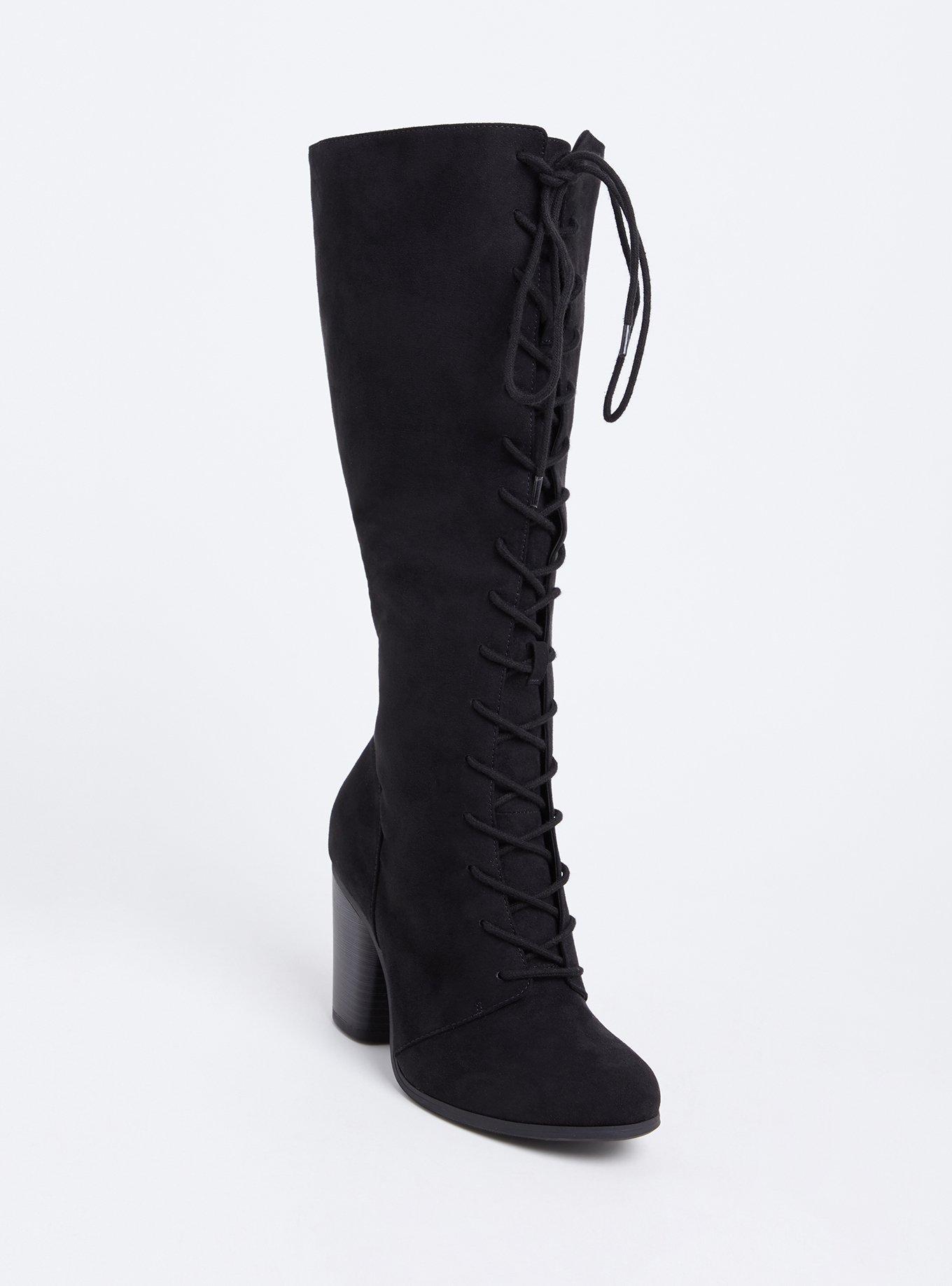 Black Faux Suede Lace-Up Tall Boot (WW), , hi-res
