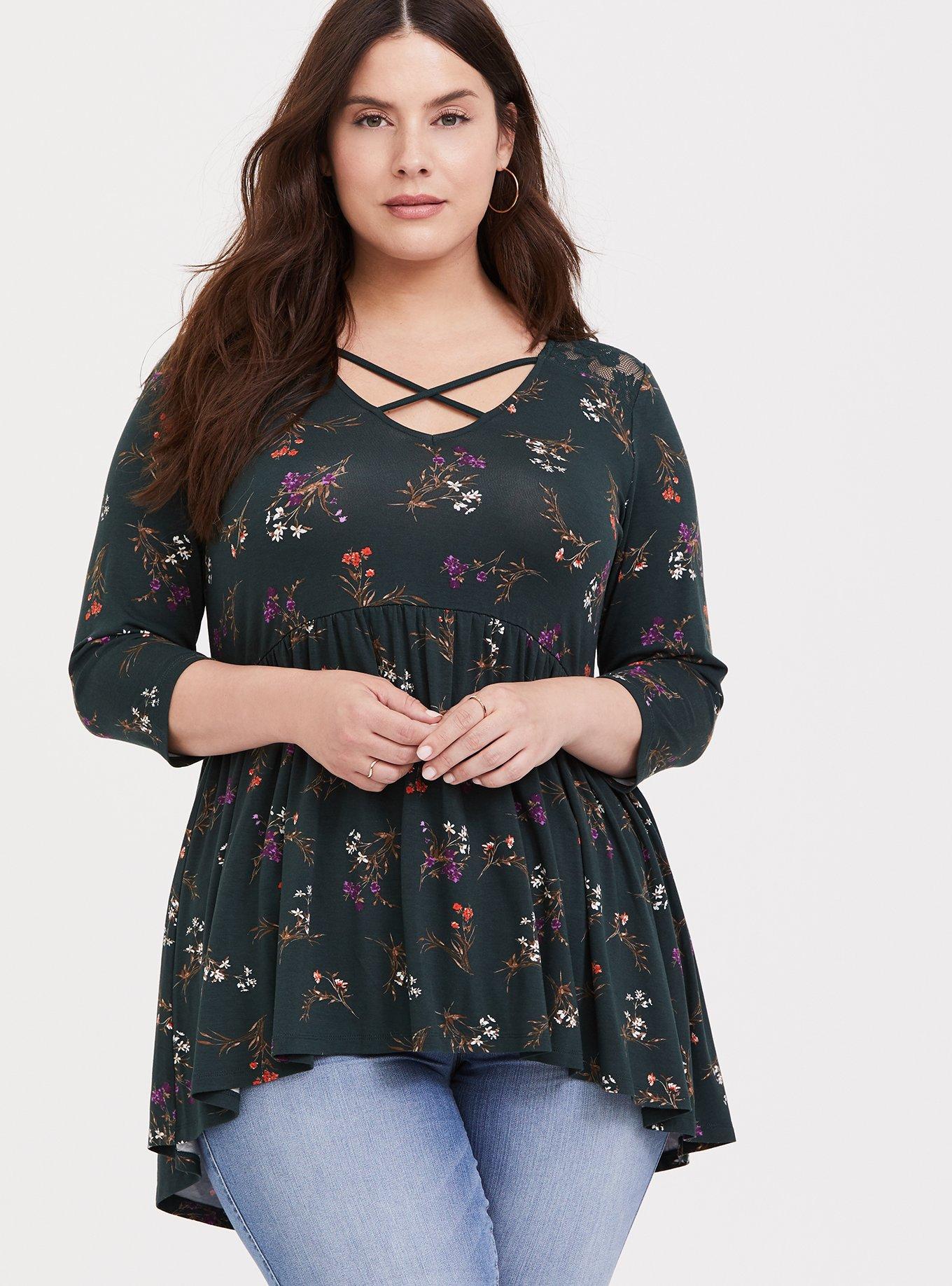 Plus Size - Super Soft Strappy V-Neck Long Sleeve Babydoll Top - Torrid