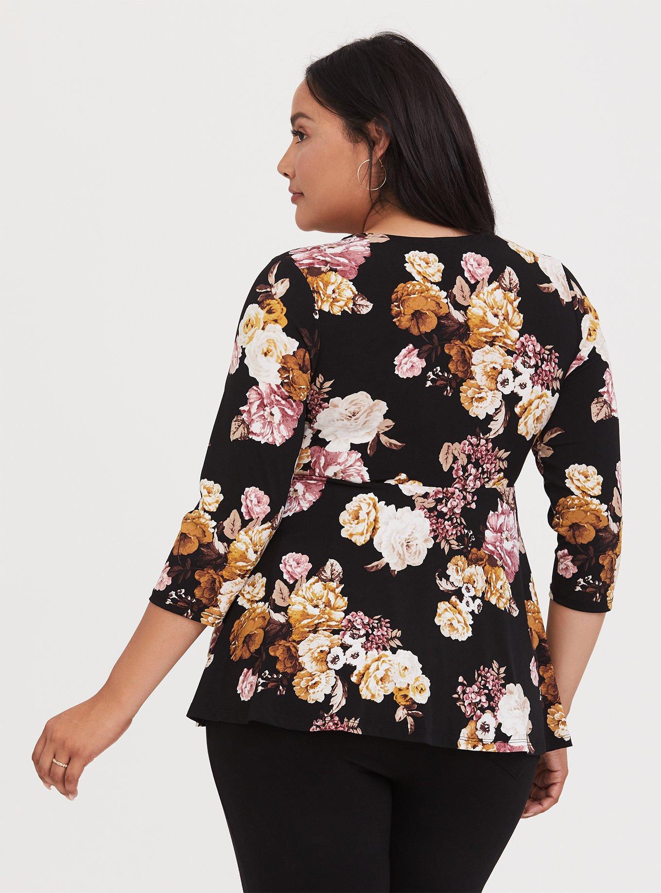 Plus Size - Black Floral Studio Knit Wrap Peplum Top - Torrid