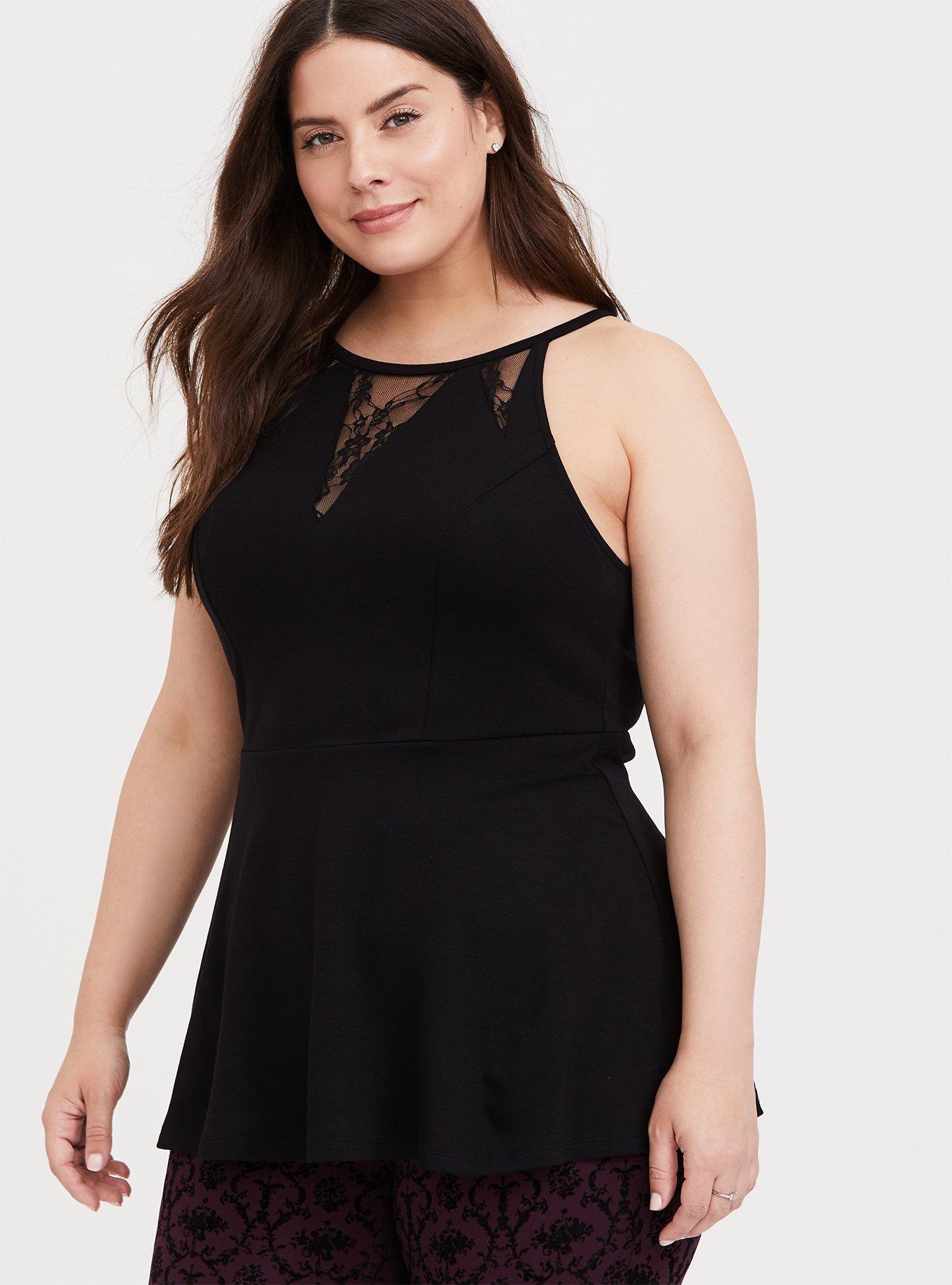 Torrid black blouse with key hole front and back and black lace