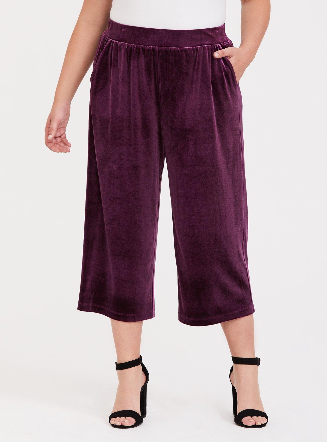 Burgundy Purple Velvet Culotte Pant, , alternate