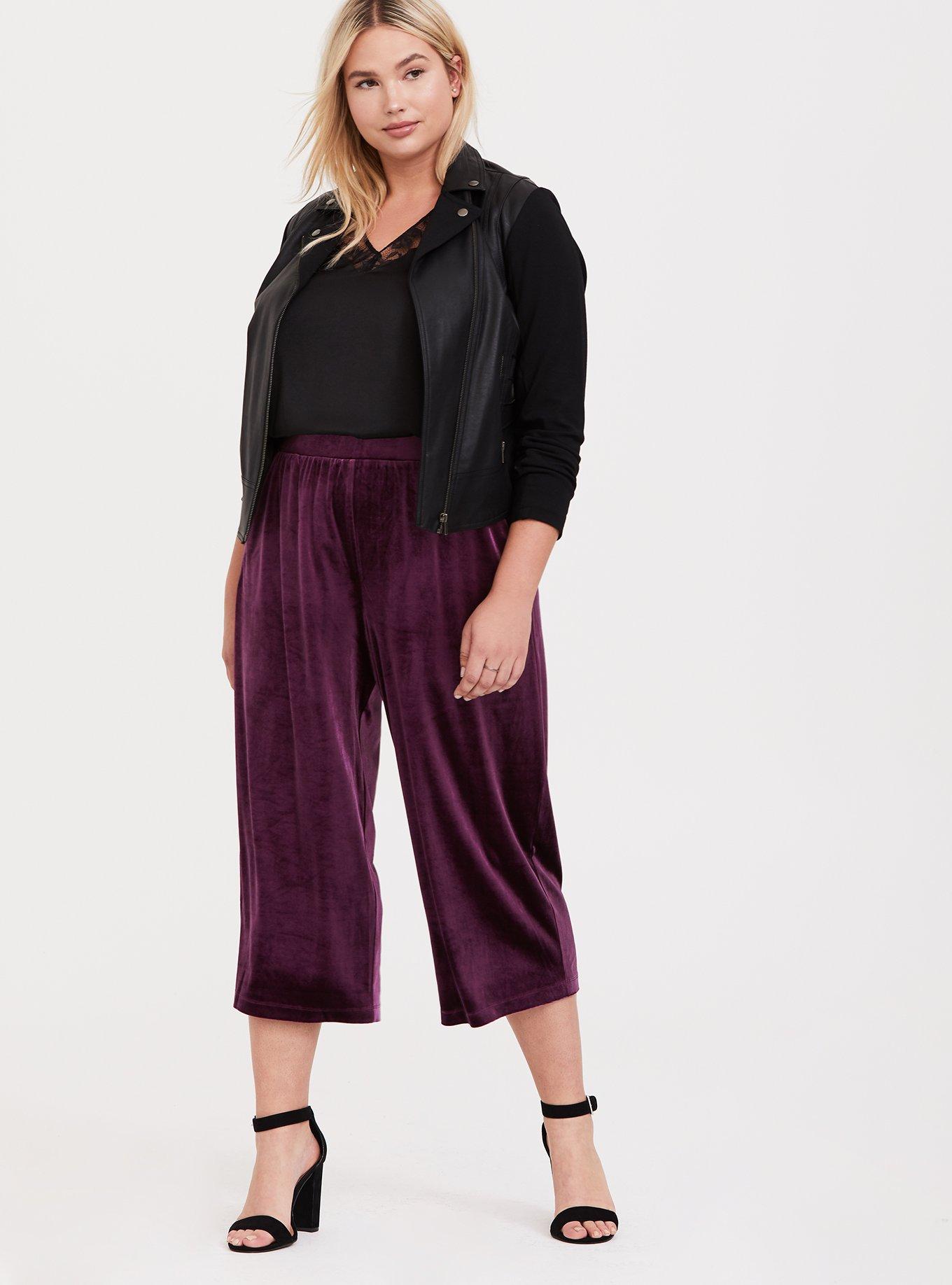 Burgundy Purple Velvet Culotte Pant, , hi-res