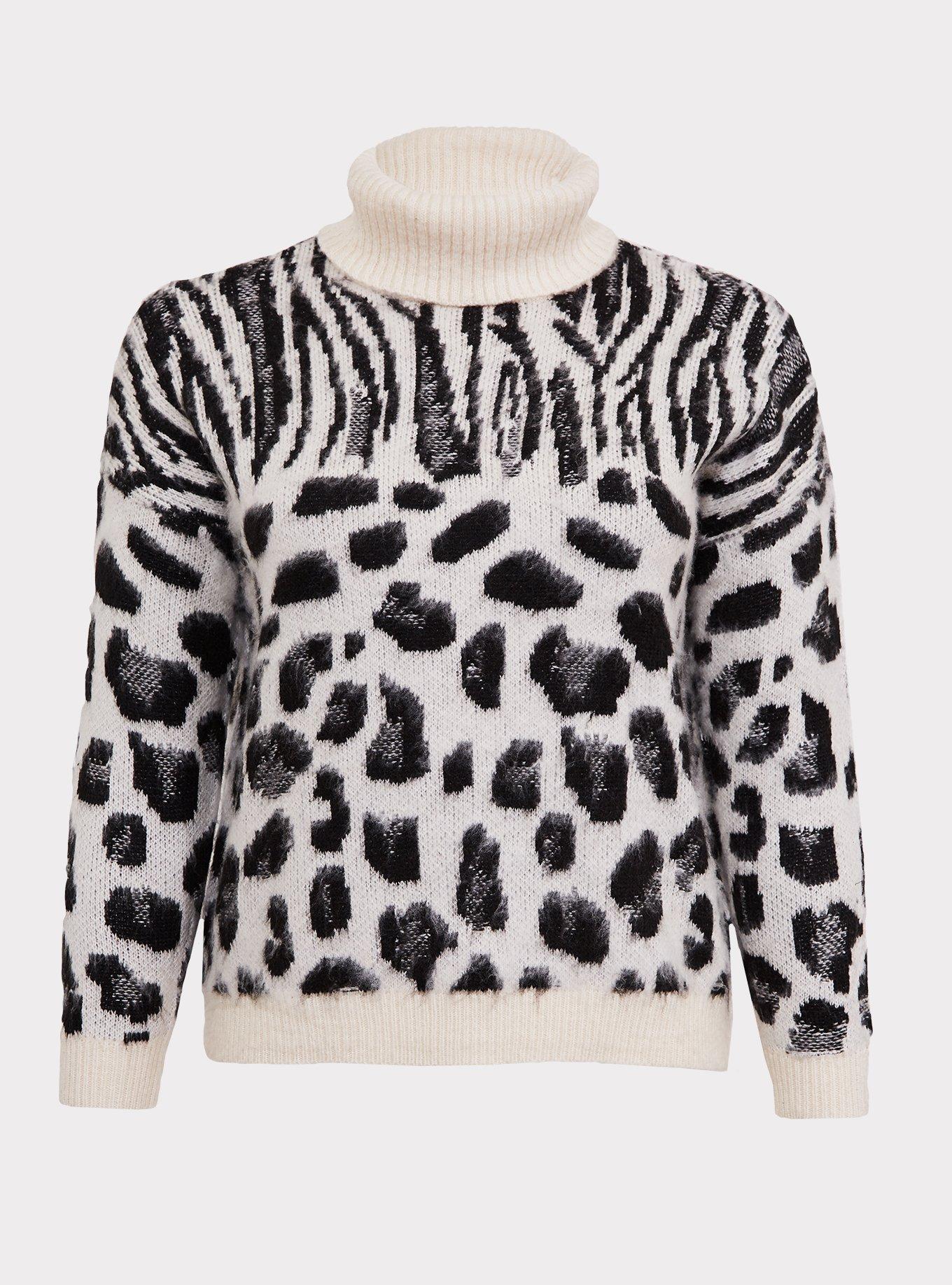 White Mixed Animal Print Turtleneck Sweater, , hi-res
