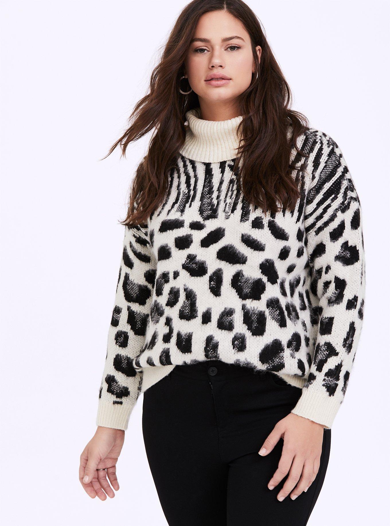 White Mixed Animal Print Turtleneck Sweater, , hi-res