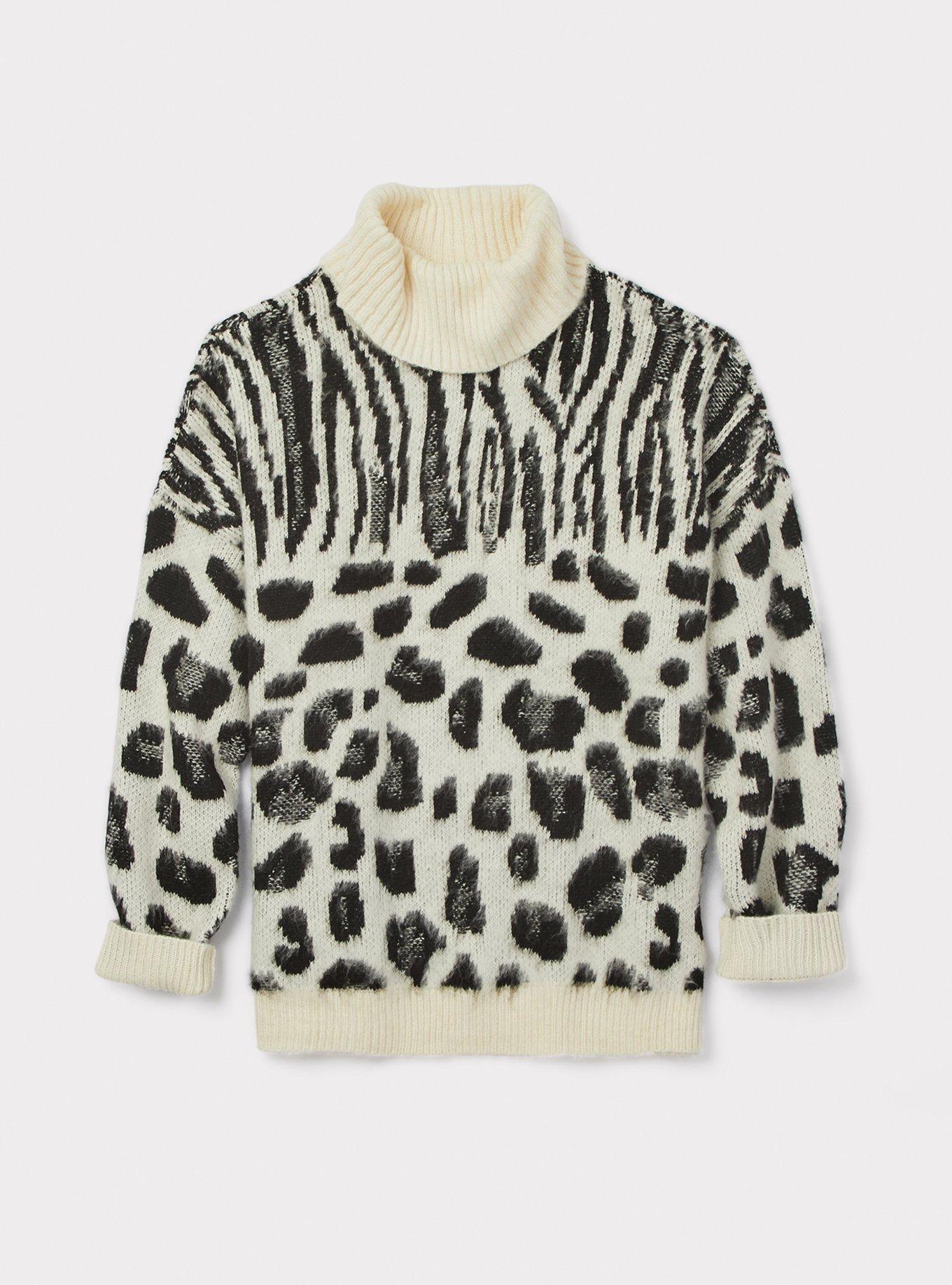 White Mixed Animal Print Turtleneck Sweater, , hi-res
