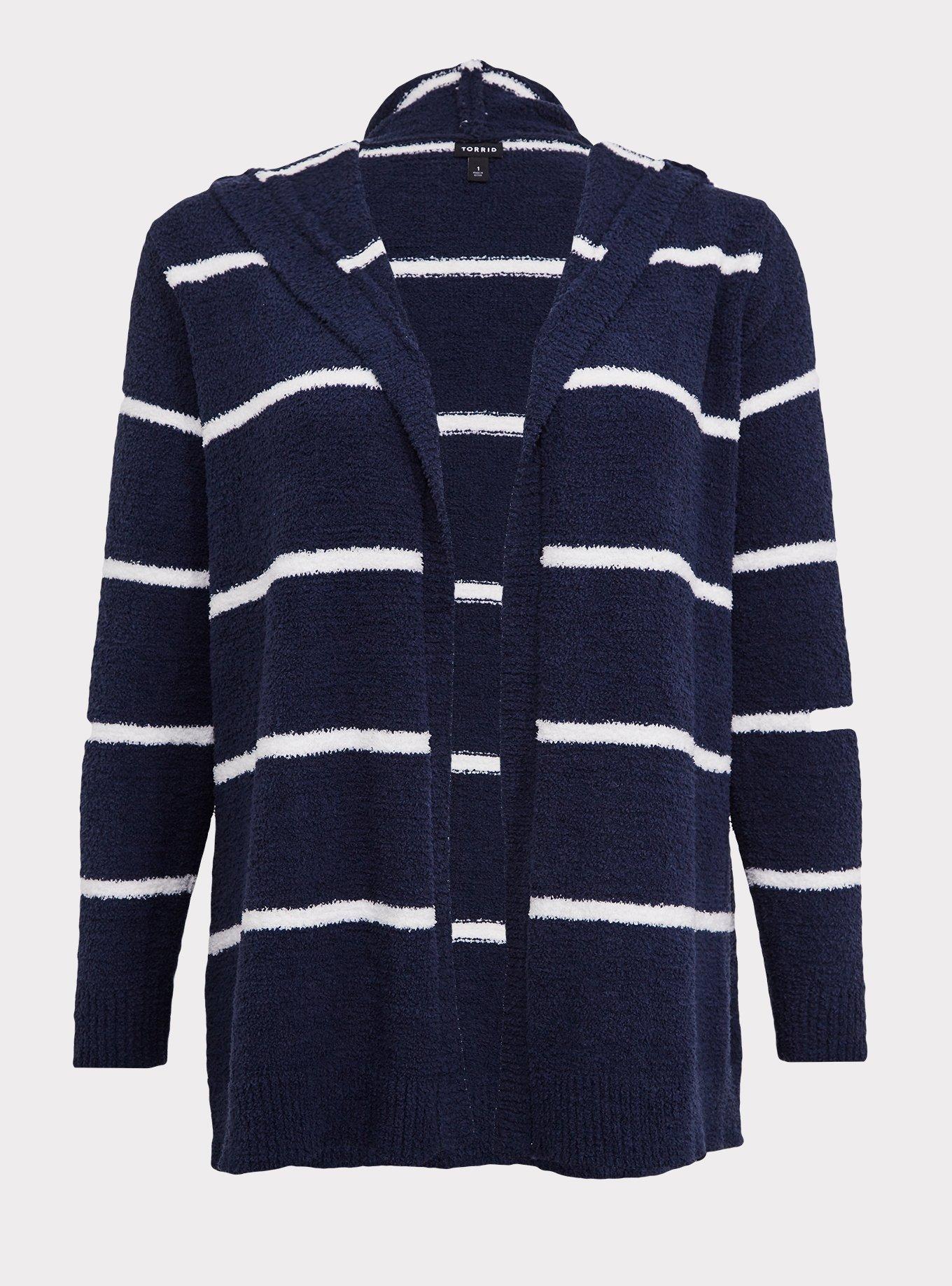 Plus Size - Blue Stripe Fuzzy Open Front Hooded Cardigan - Torrid