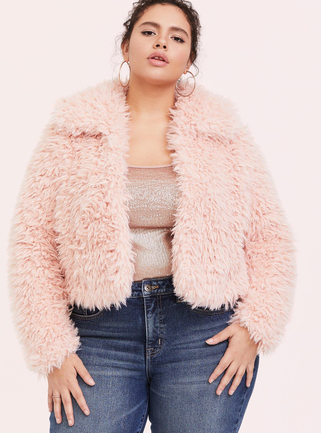 Plus size pink on sale faux fur jacket