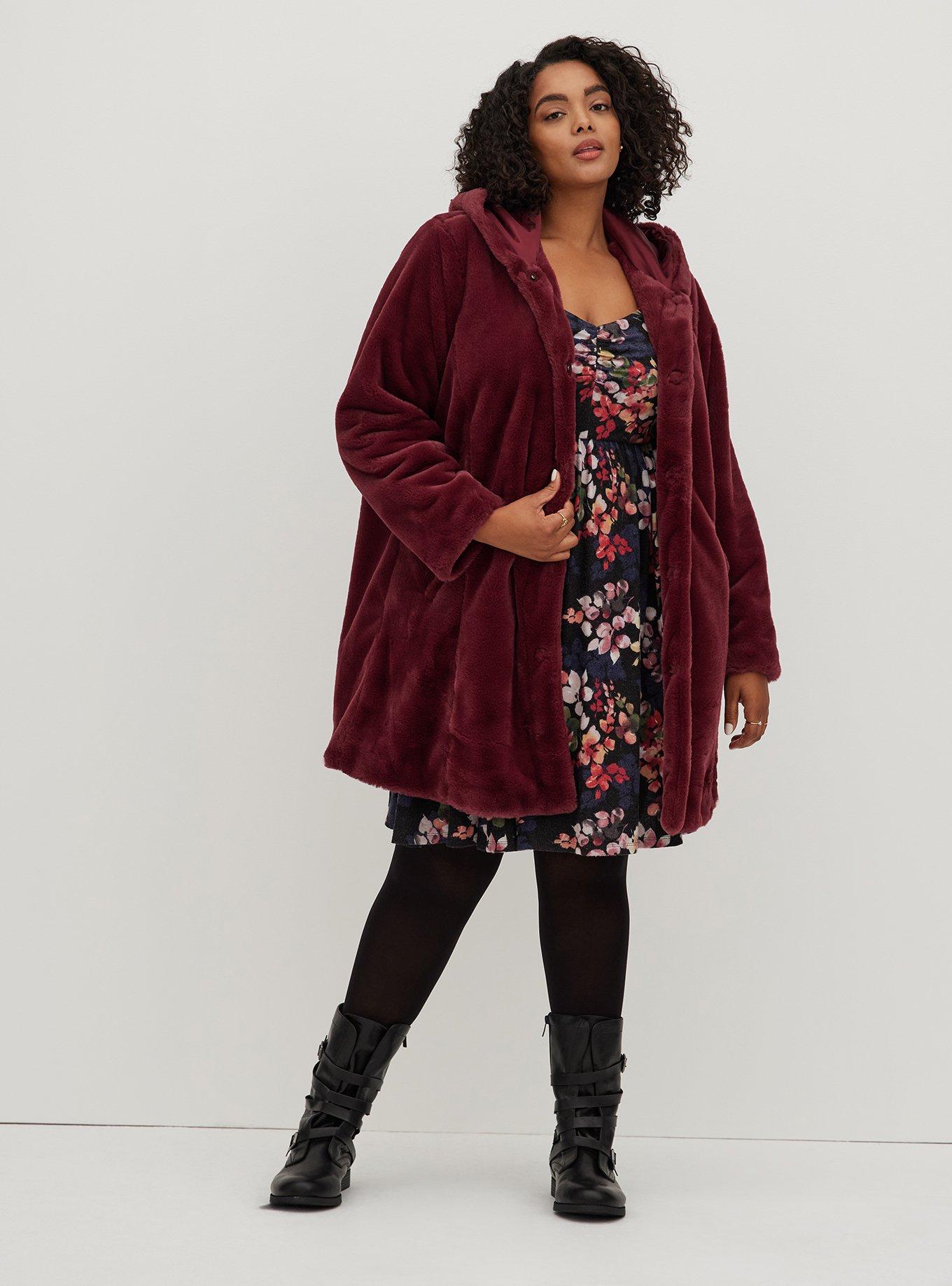 Plus Size Faux Fur Coat, ZINFANDEL, alternate
