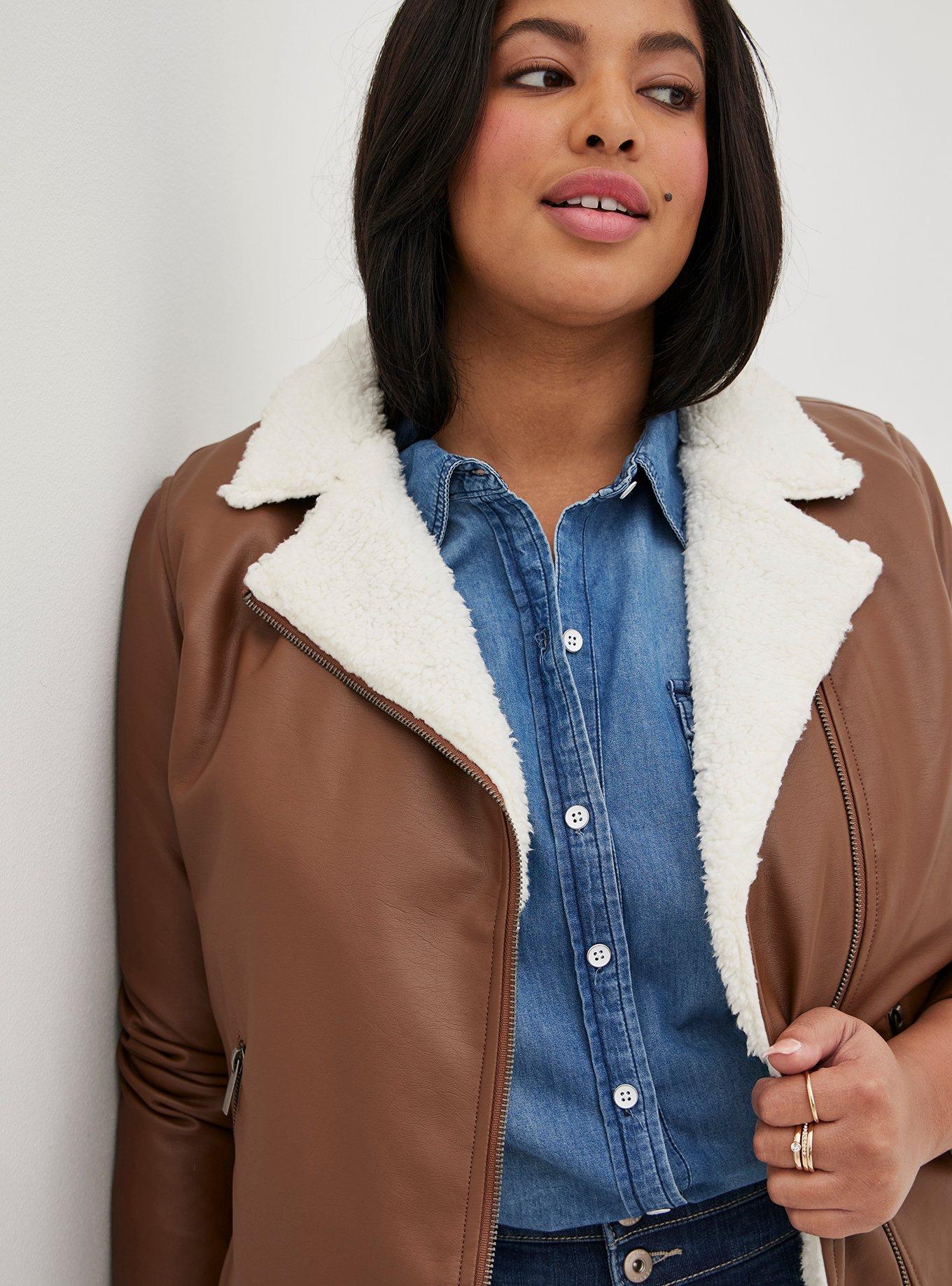 Faux-Suede Sherpa-Lined Moto Jacket