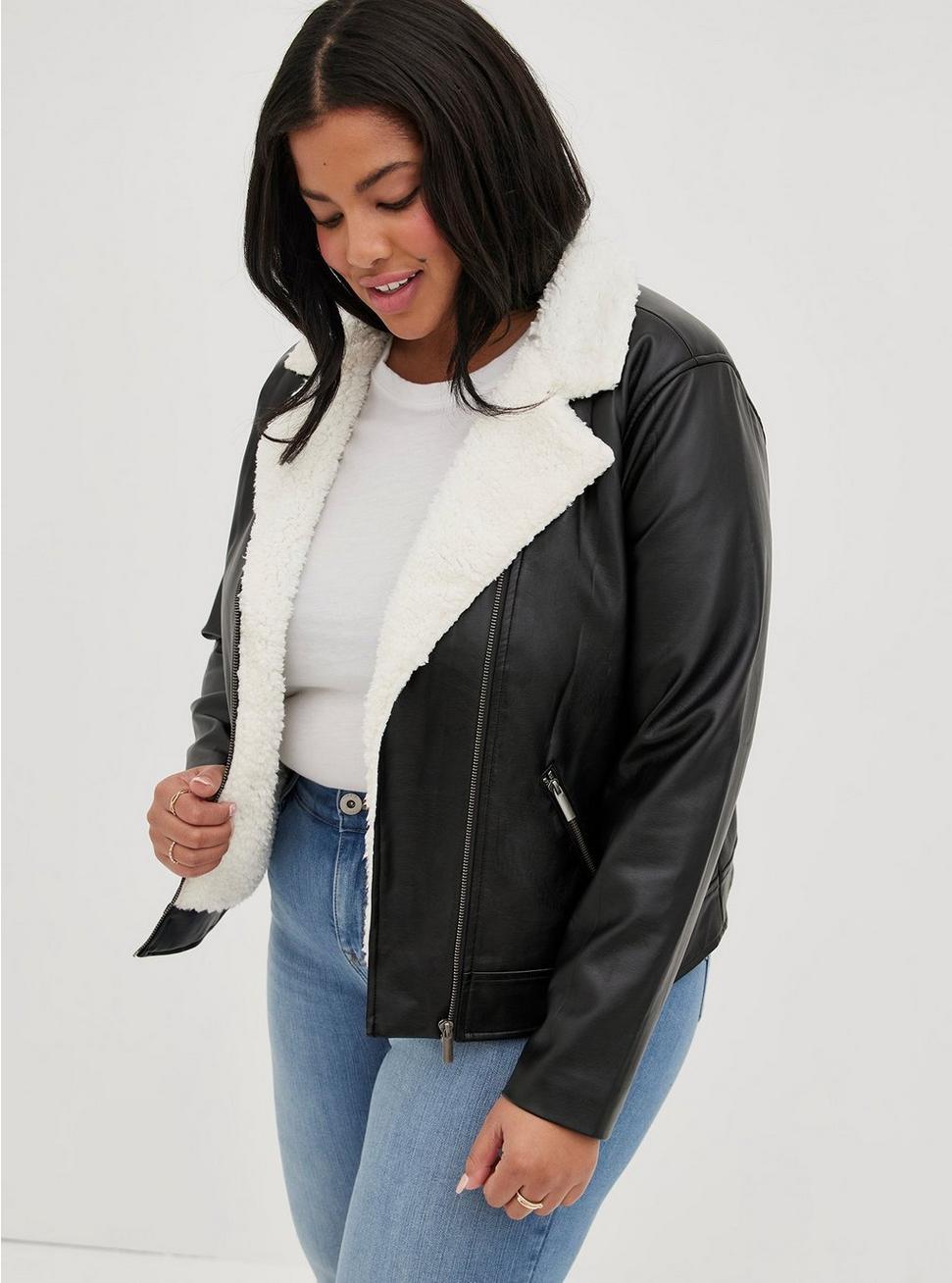 Plus Size Faux Leather Sherpa Line Moto Jacket, DEEP BLACK, alternate