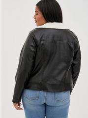 Plus Size Faux Leather Sherpa Line Moto Jacket, DEEP BLACK, alternate