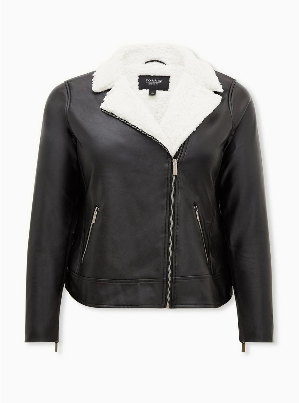 Plus Size Faux Leather Sherpa Line Moto Jacket, DEEP BLACK, hi-res