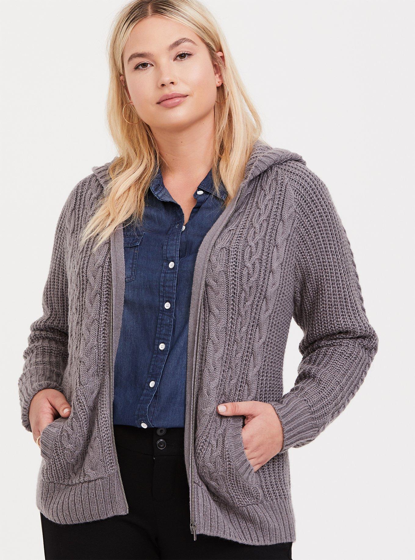 Plus Size - Cable Cardigan Zip-Front Hooded Sweater - Torrid