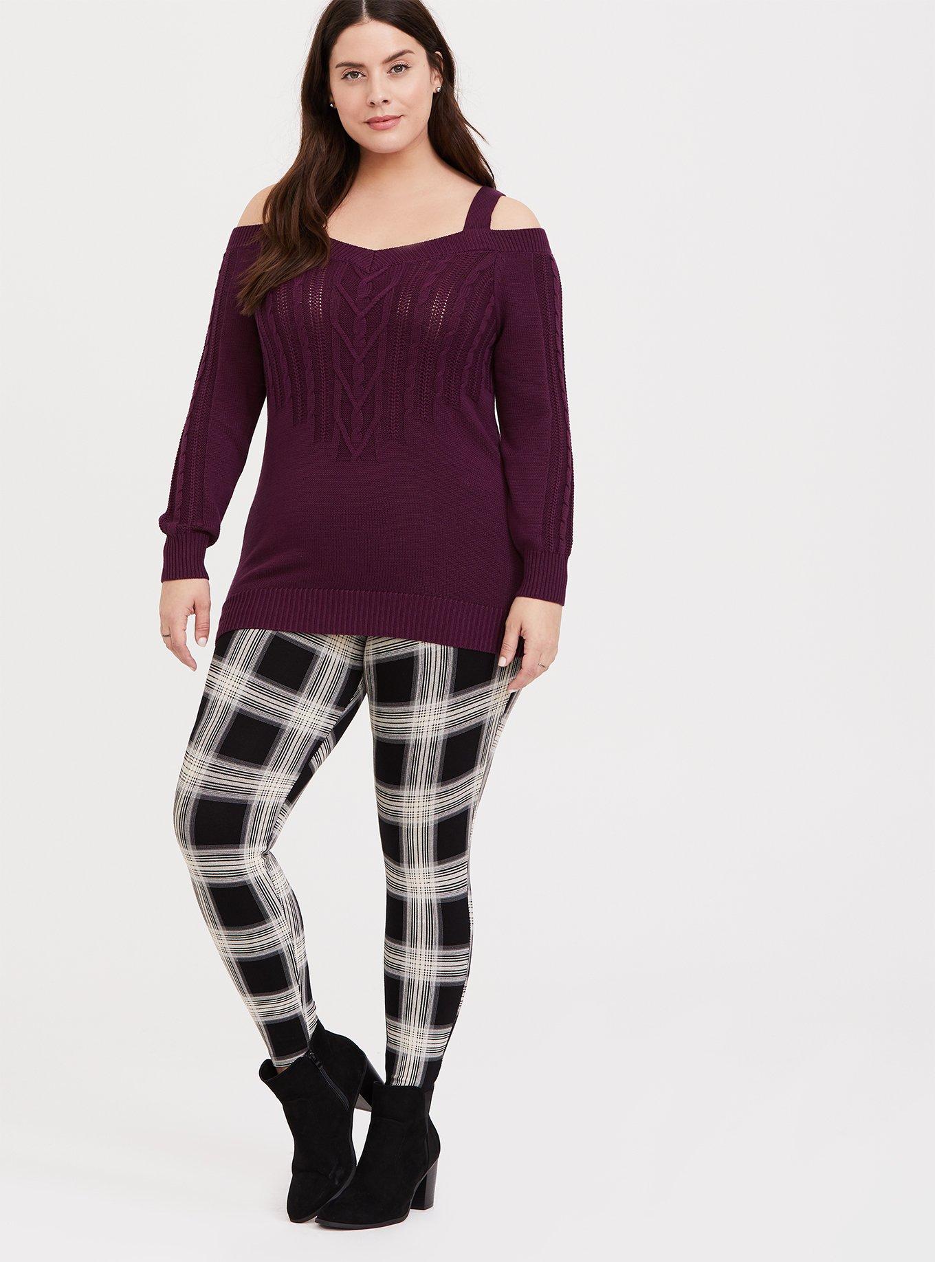 Plus Size Burgundy Purple Cable Knit Open Shoulder Tunic, HIGHLAND THISTLE, alternate