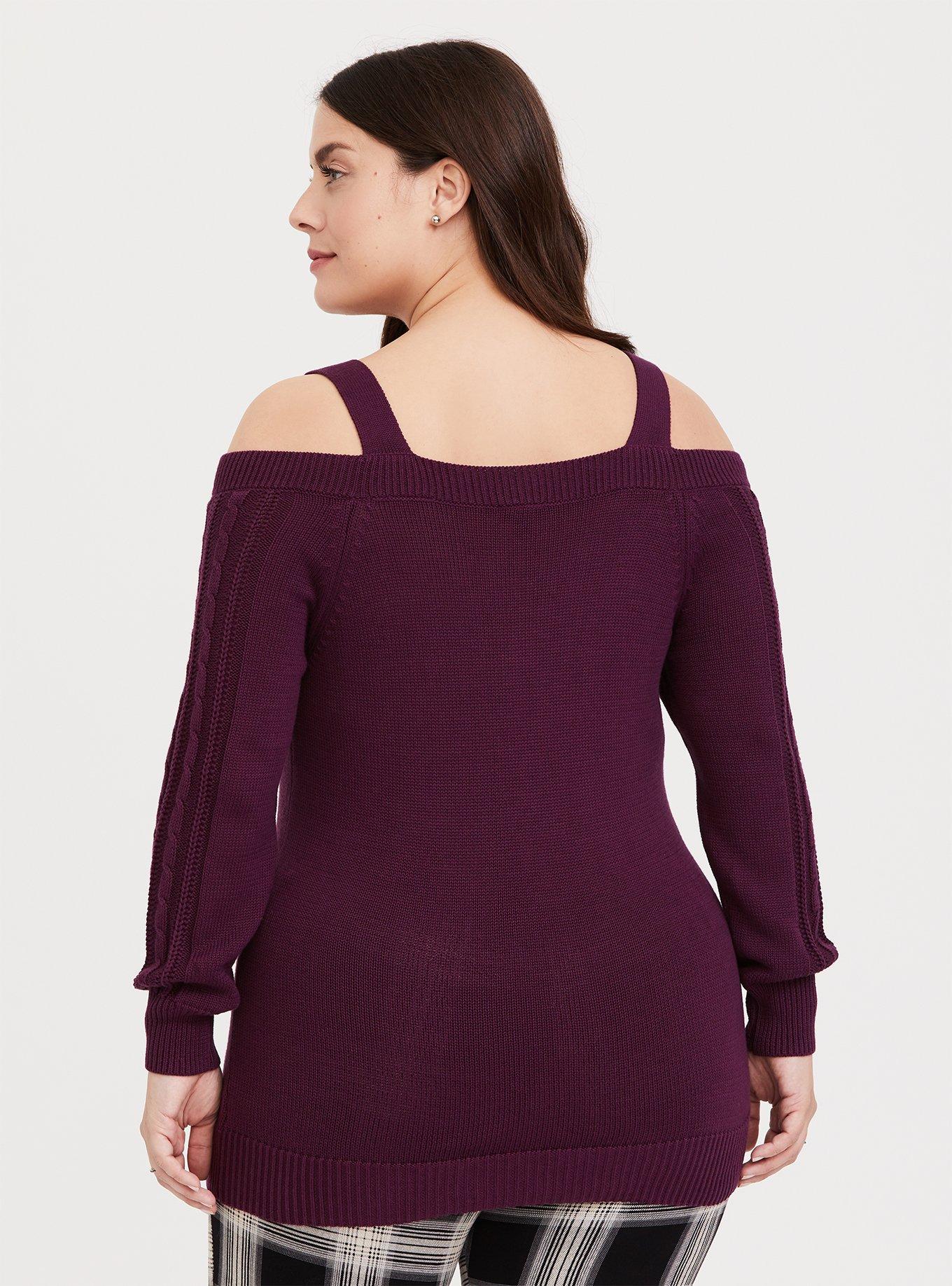 Plus Size Burgundy Purple Cable Knit Open Shoulder Tunic, HIGHLAND THISTLE, alternate
