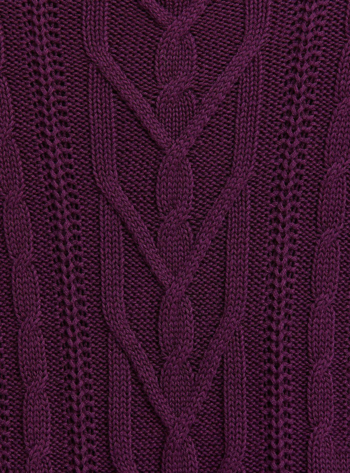 Plus Size Burgundy Purple Cable Knit Open Shoulder Tunic, HIGHLAND THISTLE, alternate